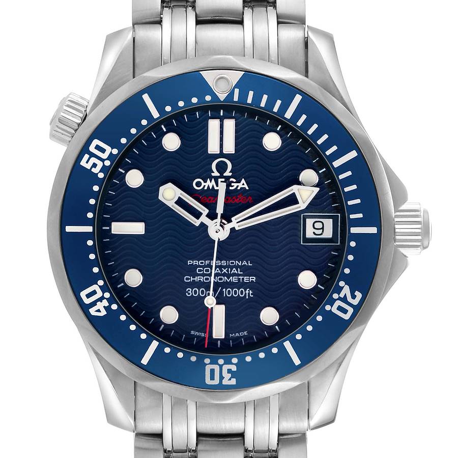 The Omega Seamaster 2222.80.00 Men's Stainless Steel Blue Dial watch is shown from a front angle, highlighting the dial, bezel, hands, bracelet, and crown.