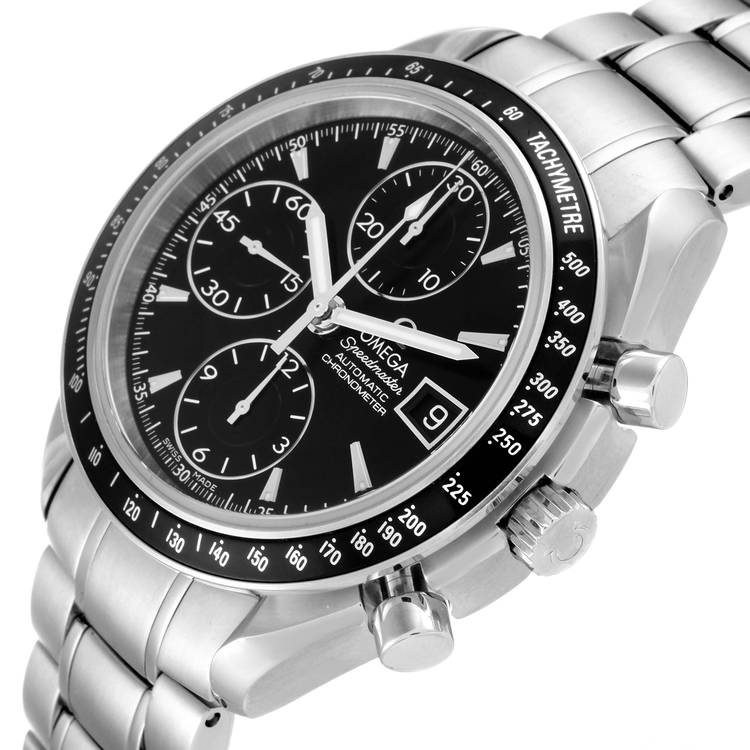 This image shows an Omega Speedmaster 3210.50.00 Men's Stainless Steel Black Dial 3210.50.00 Men's Stainless Steel Black Dial watch at an angle highlighting the dial, bezel, chronograph sub-dials, and bracelet.