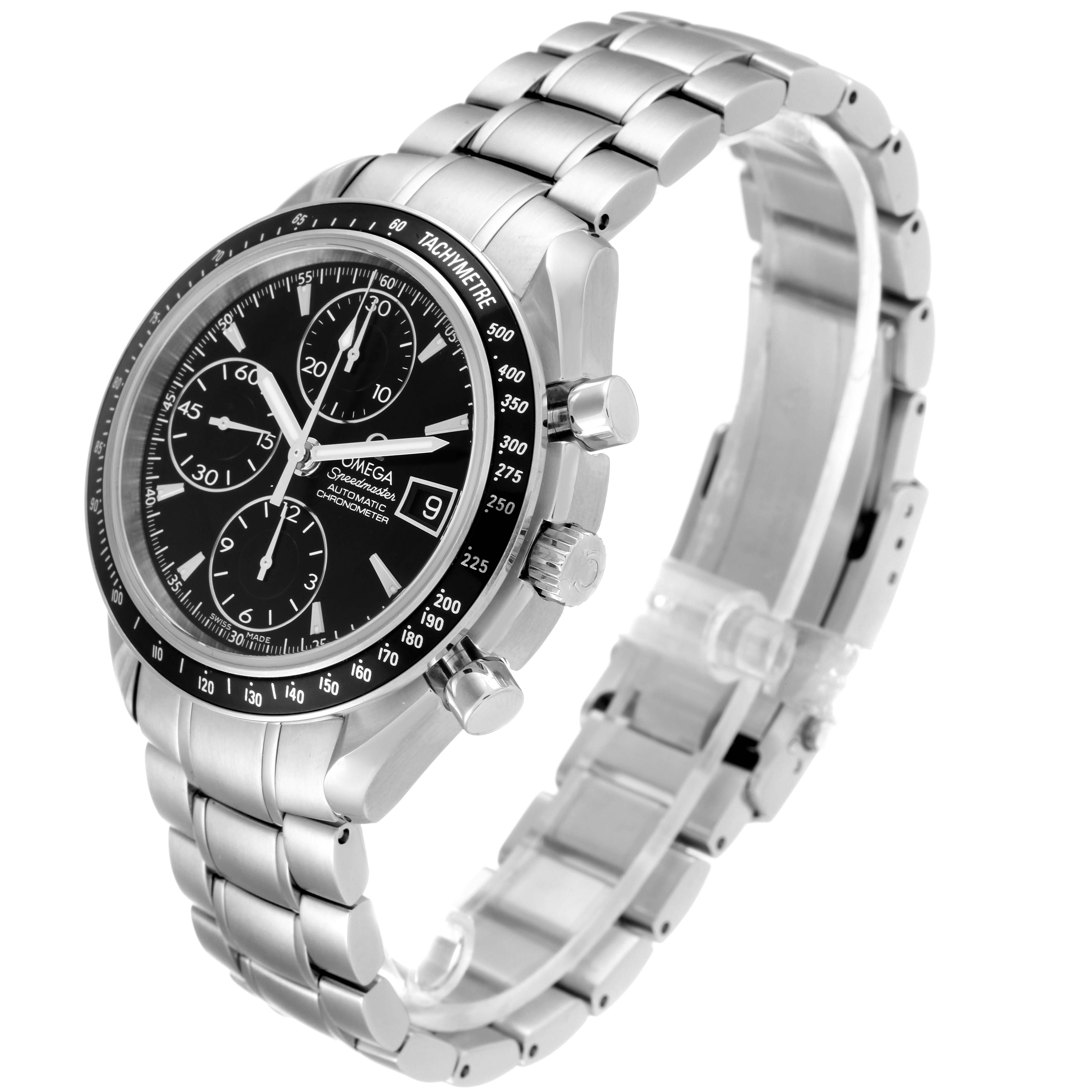 This image showcases an Omega Speedmaster 3210.50.00 Men's Stainless Steel Black Dial 3210.50.00 Men's Stainless Steel Black Dial watch at a three-quarter angle, highlighting the dial, bezel, pushers, and metal bracelet.