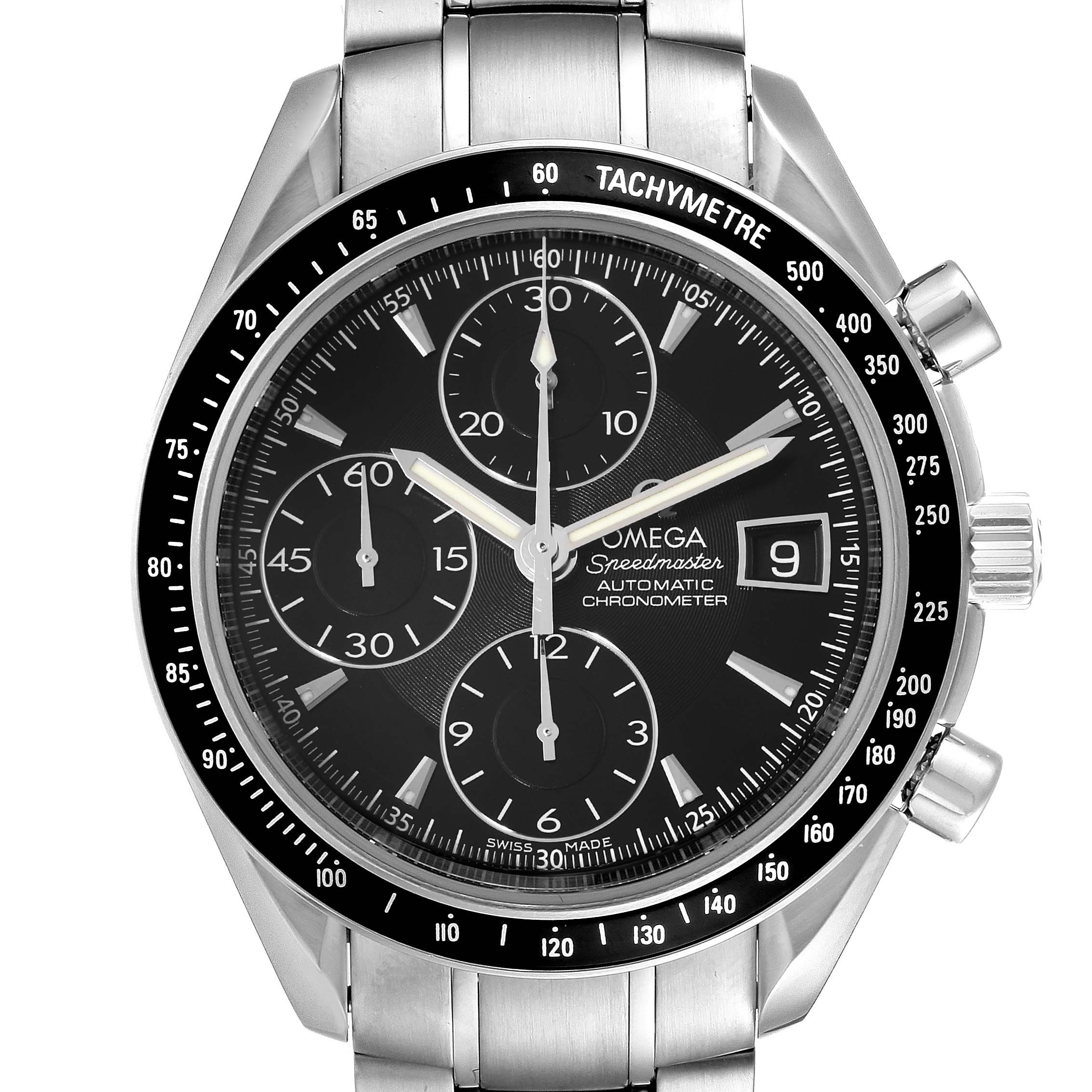 The image shows a front view of an Omega Speedmaster 3210.50.00 Men's Stainless Steel Black Dial 3210.50.00 Men's Stainless Steel Black Dial watch, displaying its black dial, chronograph subdials, silver hands, and date window.