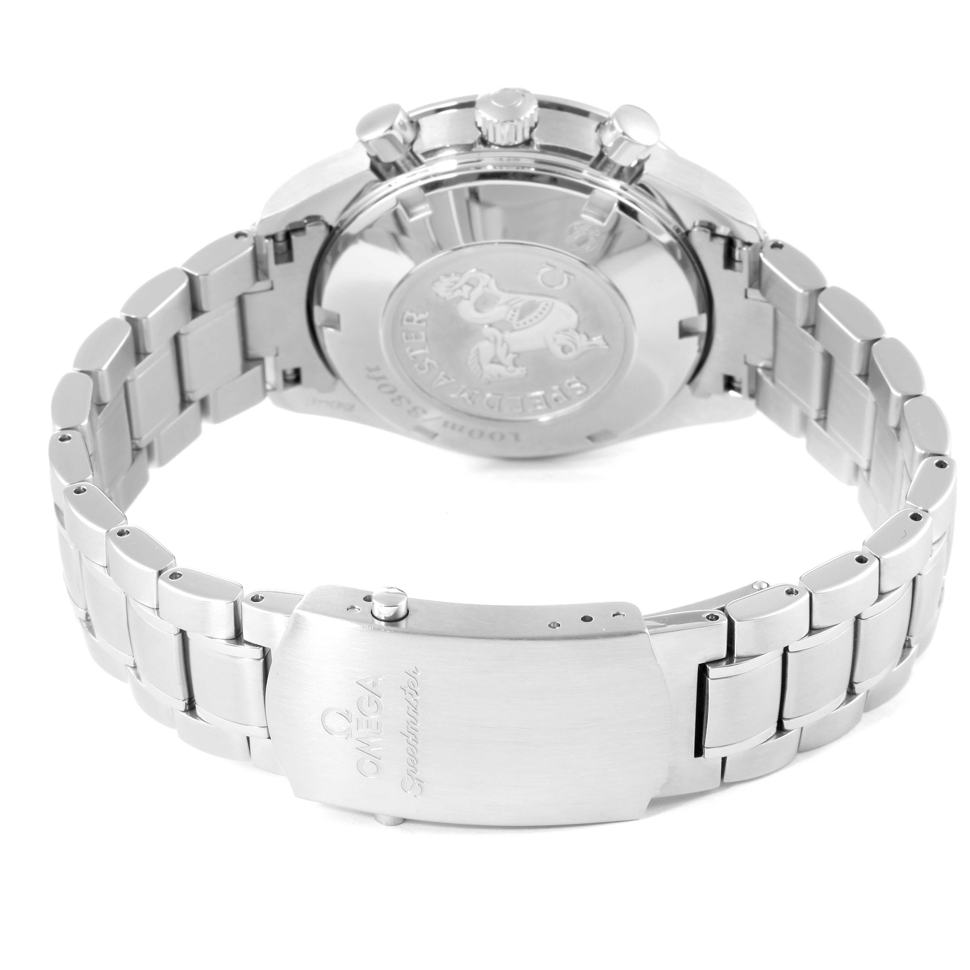 The photo shows the back case and bracelet of an Omega Speedmaster 3210.50.00 Men's Stainless Steel Black Dial 3210.50.00 Men's Stainless Steel Black Dial watch, highlighting the clasp and engraved case back.