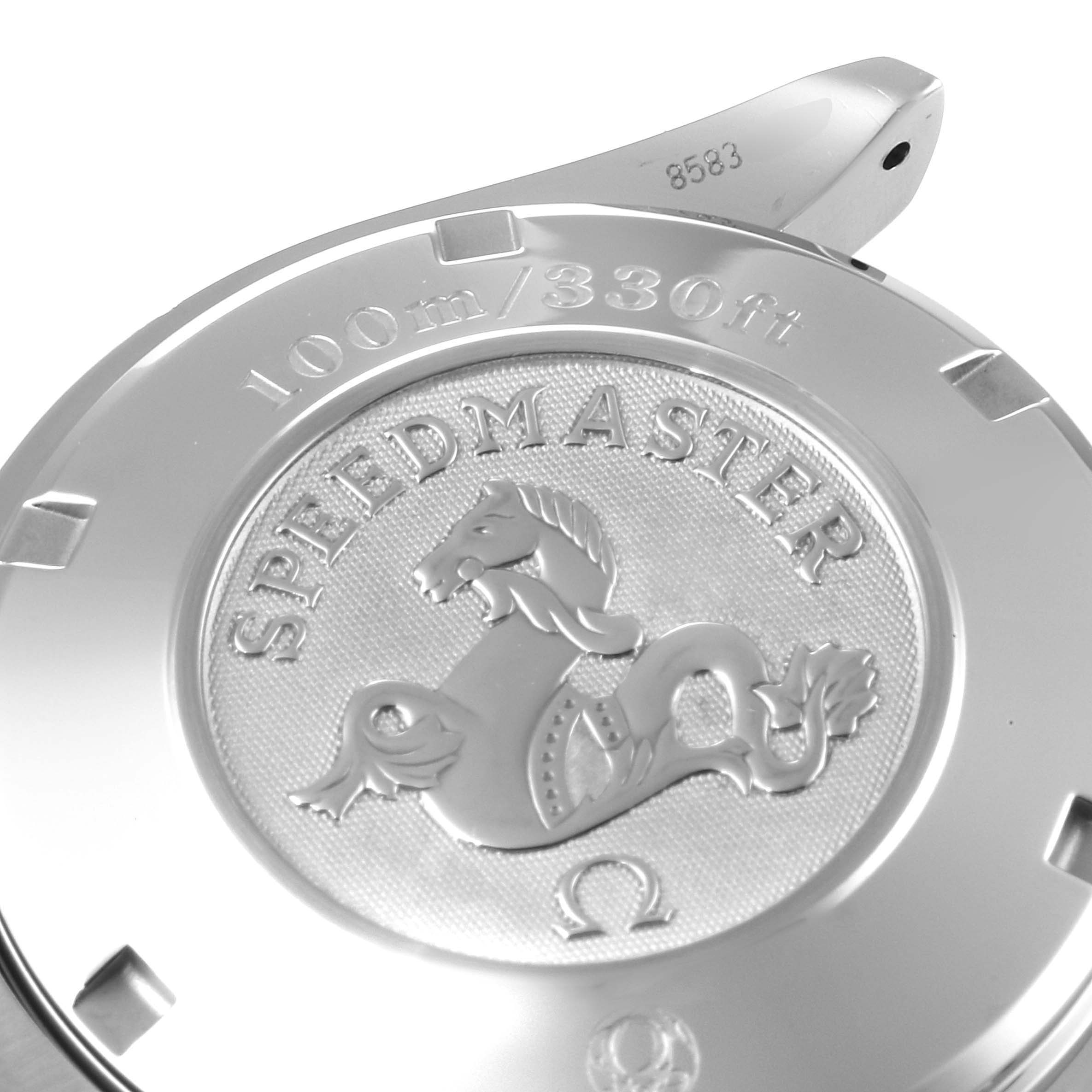 Close-up of the Omega Speedmaster 3210.50.00 Men's Stainless Steel Black Dial 3210.50.00 Men's Stainless Steel Black Dial case back, featuring an engraved logo and water resistance marking.