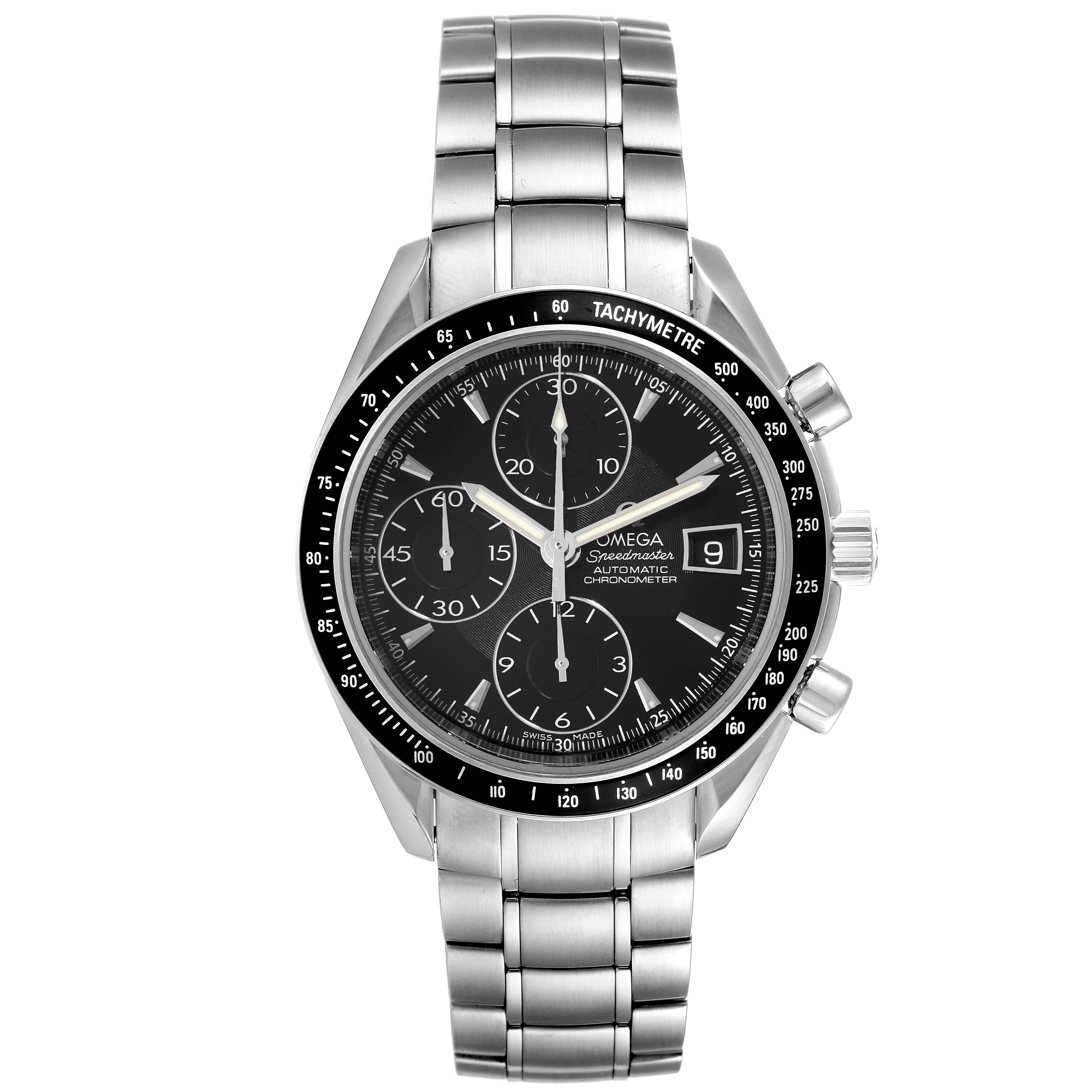 The Omega Speedmaster 3210.50.00 Men's Stainless Steel Black Dial 3210.50.00 Men's Stainless Steel Black Dial watch is shown from a front angle, displaying the face, bezel, case, and bracelet.
