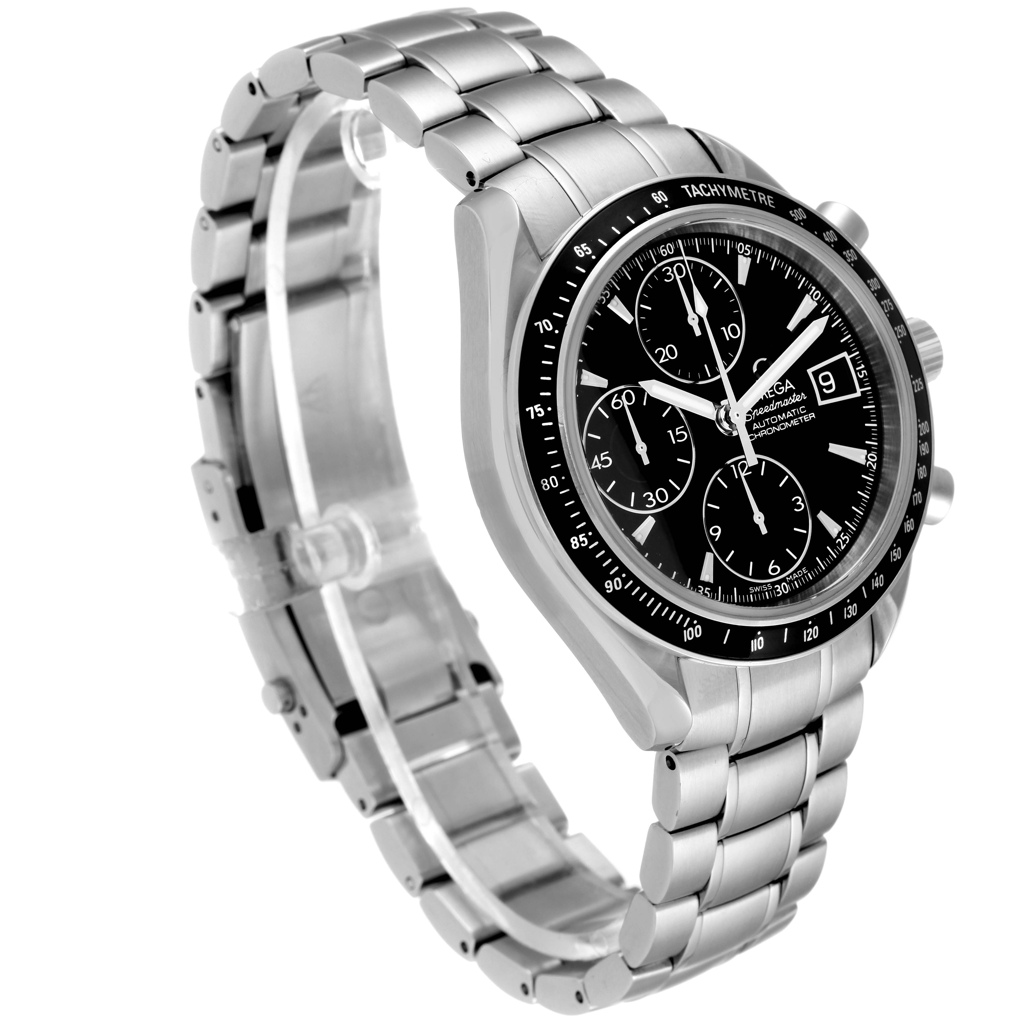 The Omega Speedmaster 3210.50.00 Men's Stainless Steel Black Dial 3210.50.00 Men's Stainless Steel Black Dial watch is shown at a three-quarter angle, highlighting the face, bracelet, and open clasp.