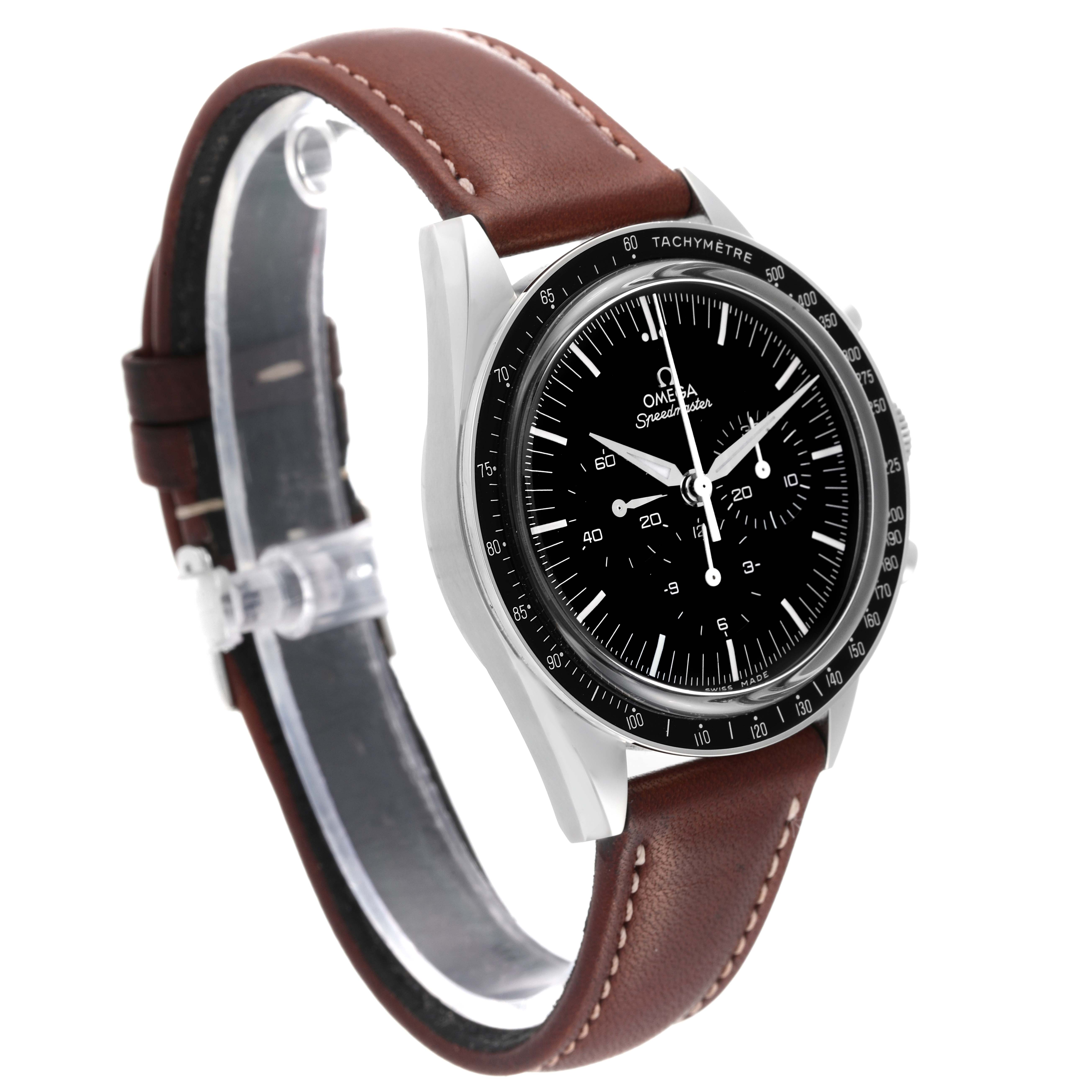 The Omega Speedmaster 311.32.40.30.01.001 Men's Stainless Steel Black Dial 311.32.40.30.01.001 Men's Stainless Steel Black Dial watch is shown at a three-quarter angle, highlighting the black dial, tachymeter bezel, and brown leather strap.