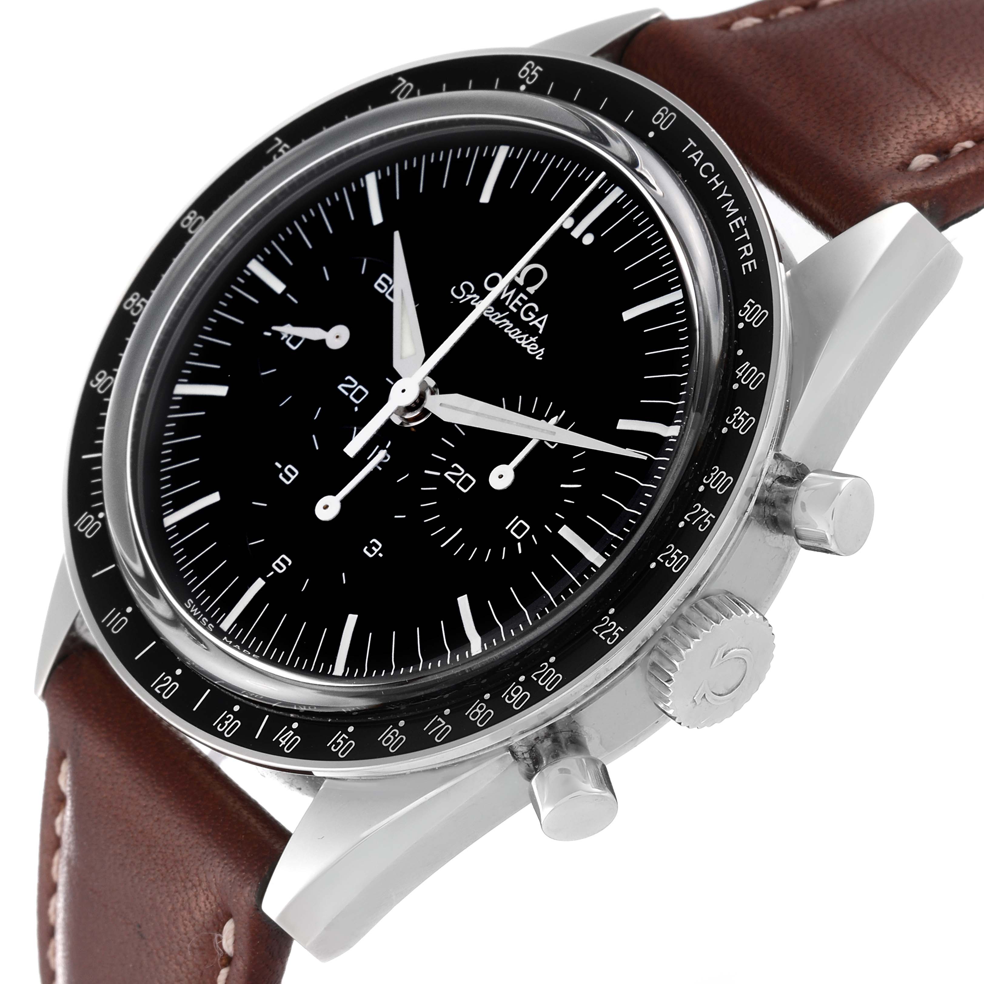 The image shows an angled view of the Omega Speedmaster 311.32.40.30.01.001 Men's Stainless Steel Black Dial 311.32.40.30.01.001 Men's Stainless Steel Black Dial watch, highlighting the face, bezel, crown, pushers, and brown leather strap.