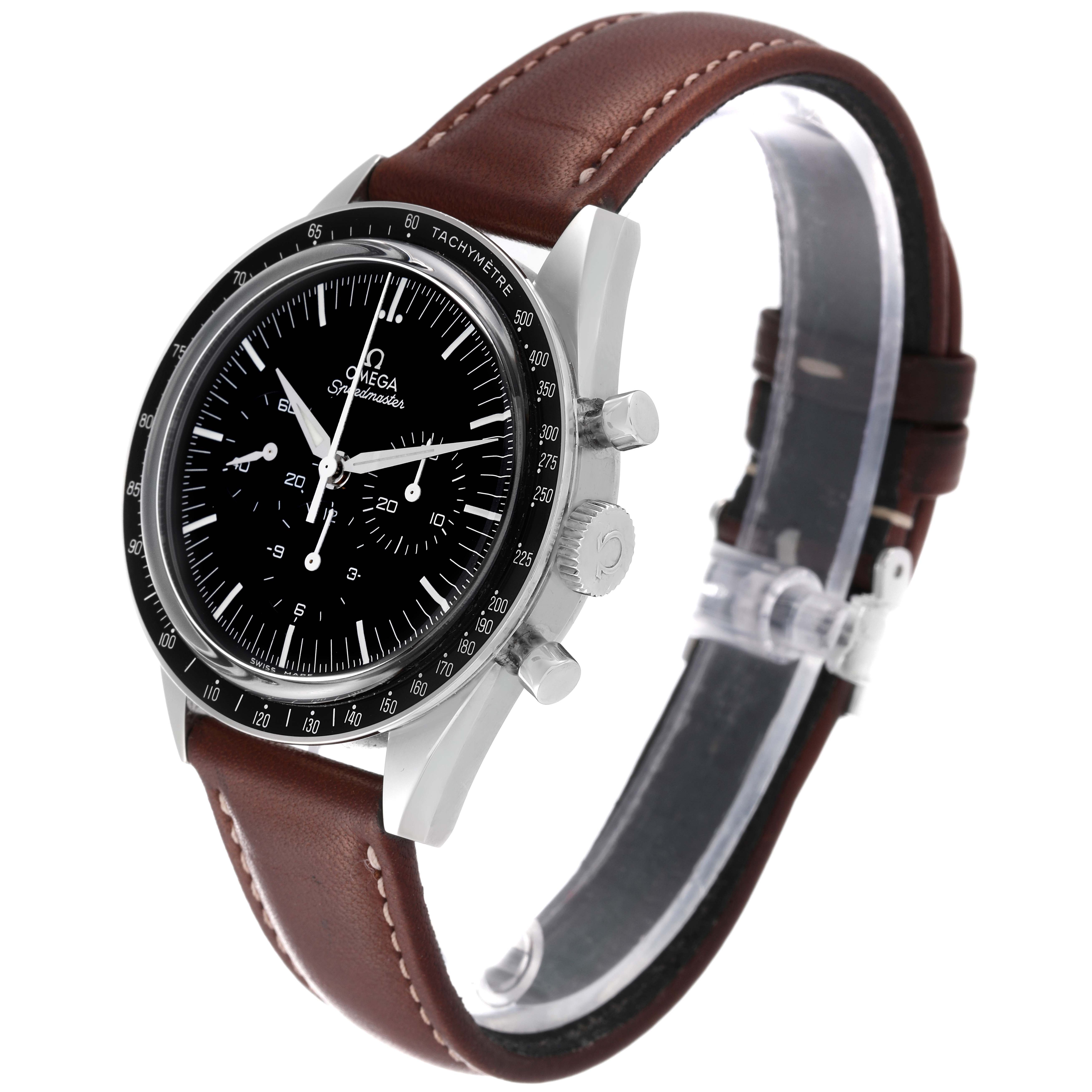 The Omega Speedmaster 311.32.40.30.01.001 Men's Stainless Steel Black Dial 311.32.40.30.01.001 Men's Stainless Steel Black Dial watch is shown at a three-quarter angle, highlighting the face, crown, pushers, and brown leather strap.