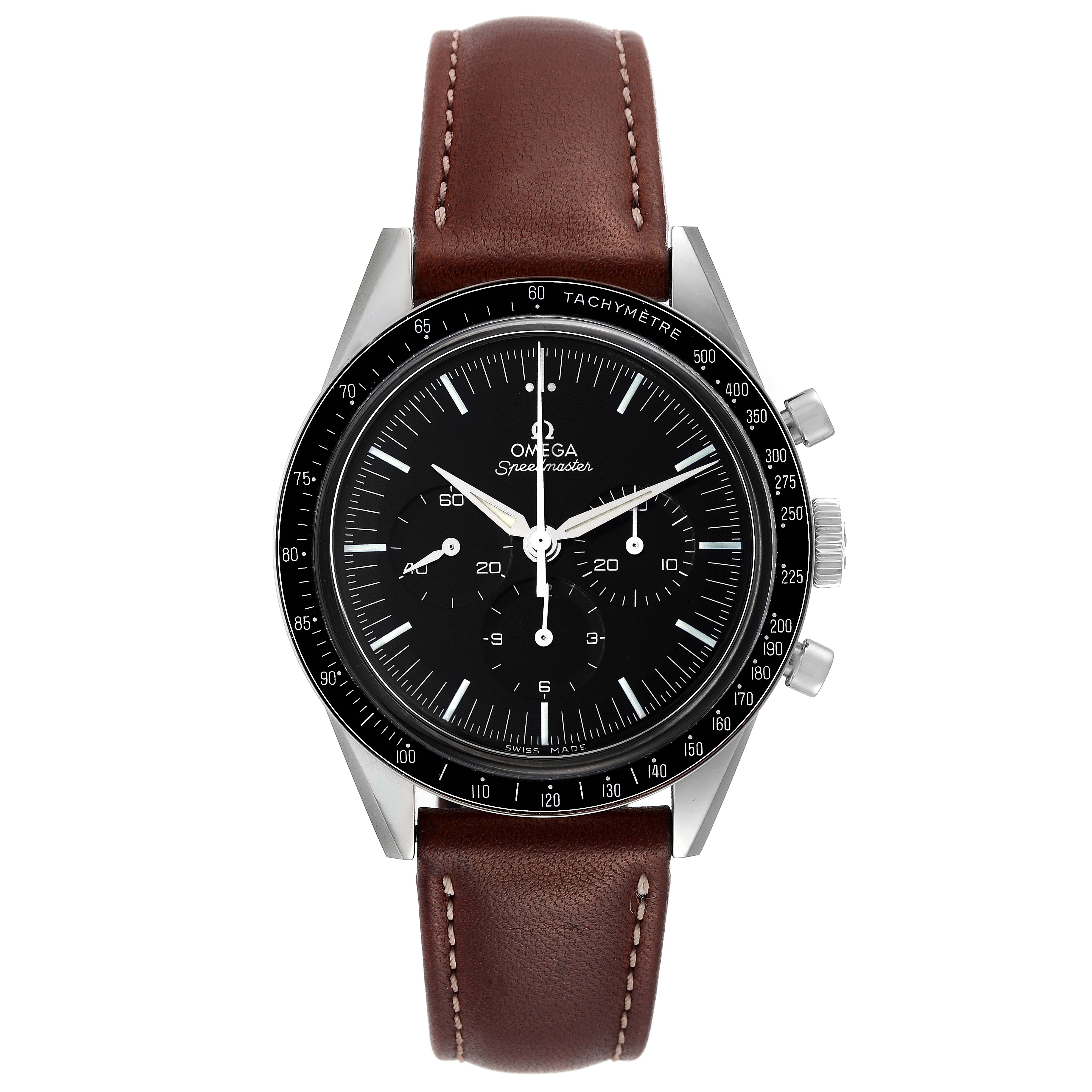 This Omega Speedmaster 311.32.40.30.01.001 Men's Stainless Steel Black Dial 311.32.40.30.01.001 Men's Stainless Steel Black Dial watch is shown from a top-down angle, displaying the face, bezel, and brown leather strap.