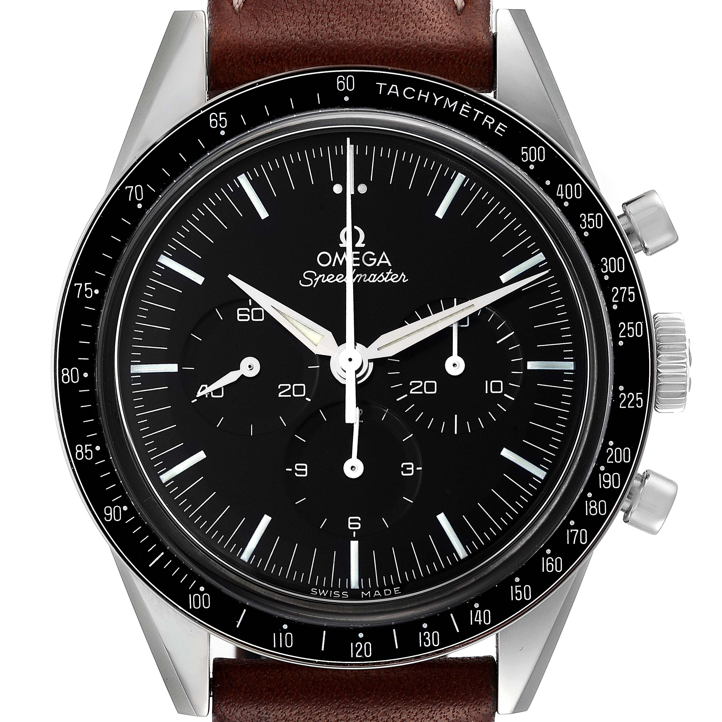 This image shows a front view of an Omega Speedmaster 311.32.40.30.01.001 Men's Stainless Steel Black Dial 311.32.40.30.01.001 Men's Stainless Steel Black Dial watch, highlighting its black dial, tachymeter bezel, and sub-dials with a brown leather strap.