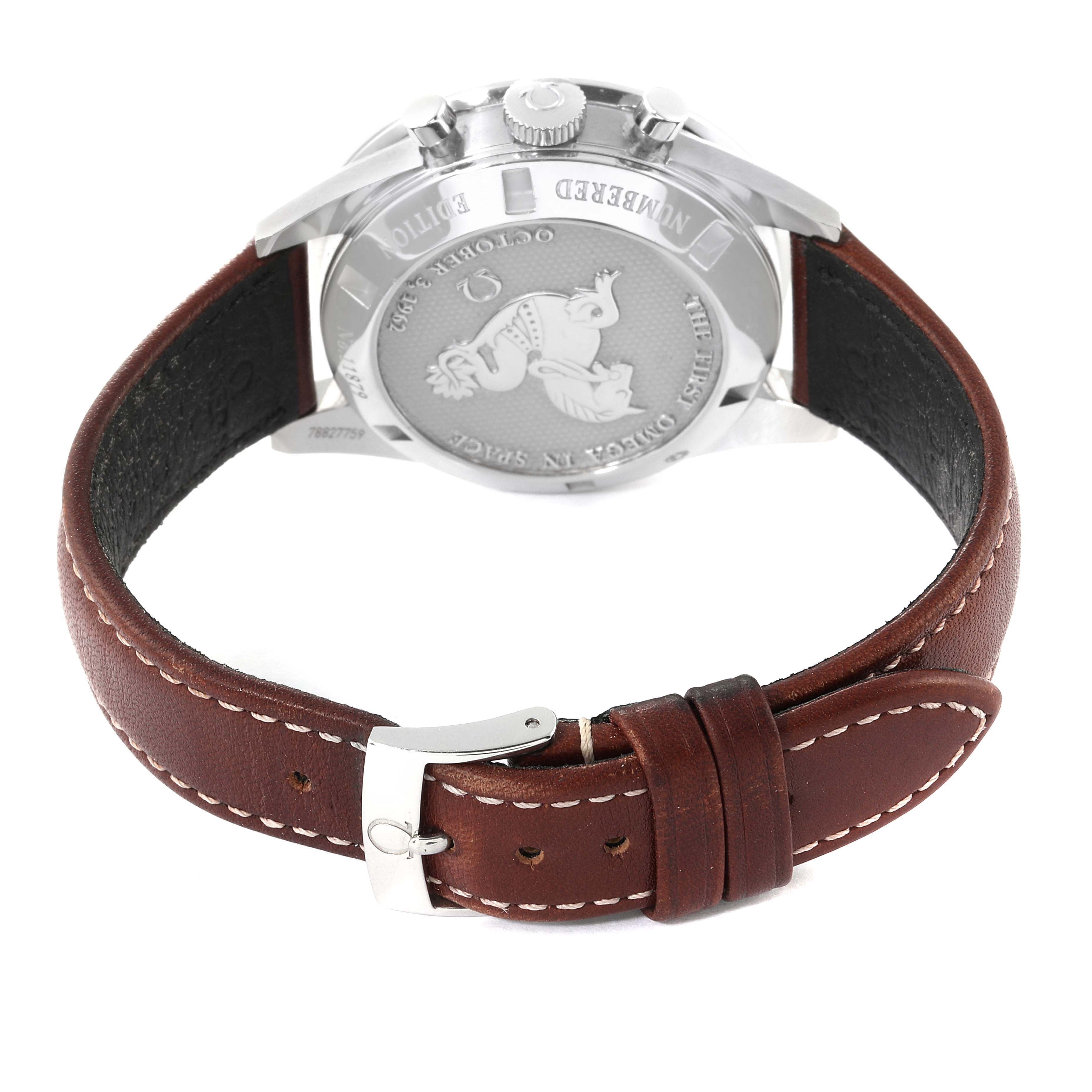 The image shows the back case and leather strap of the Omega Speedmaster 311.32.40.30.01.001 Men's Stainless Steel Black Dial 311.32.40.30.01.001 Men's Stainless Steel Black Dial, featuring detailed engraving.