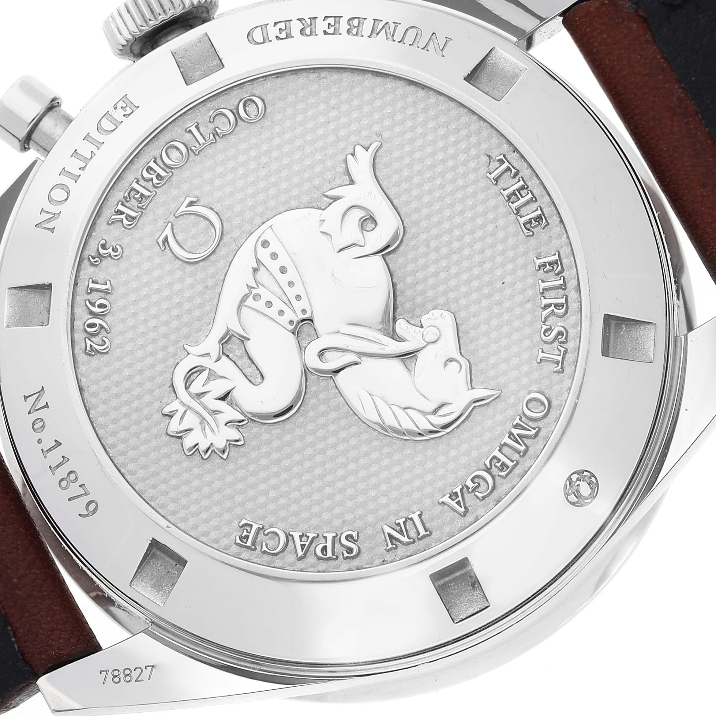 This image shows the back case of an Omega Speedmaster 311.32.40.30.01.001 Men's Stainless Steel Black Dial 311.32.40.30.01.001 Men's Stainless Steel Black Dial, highlighting the engravings and emblem.