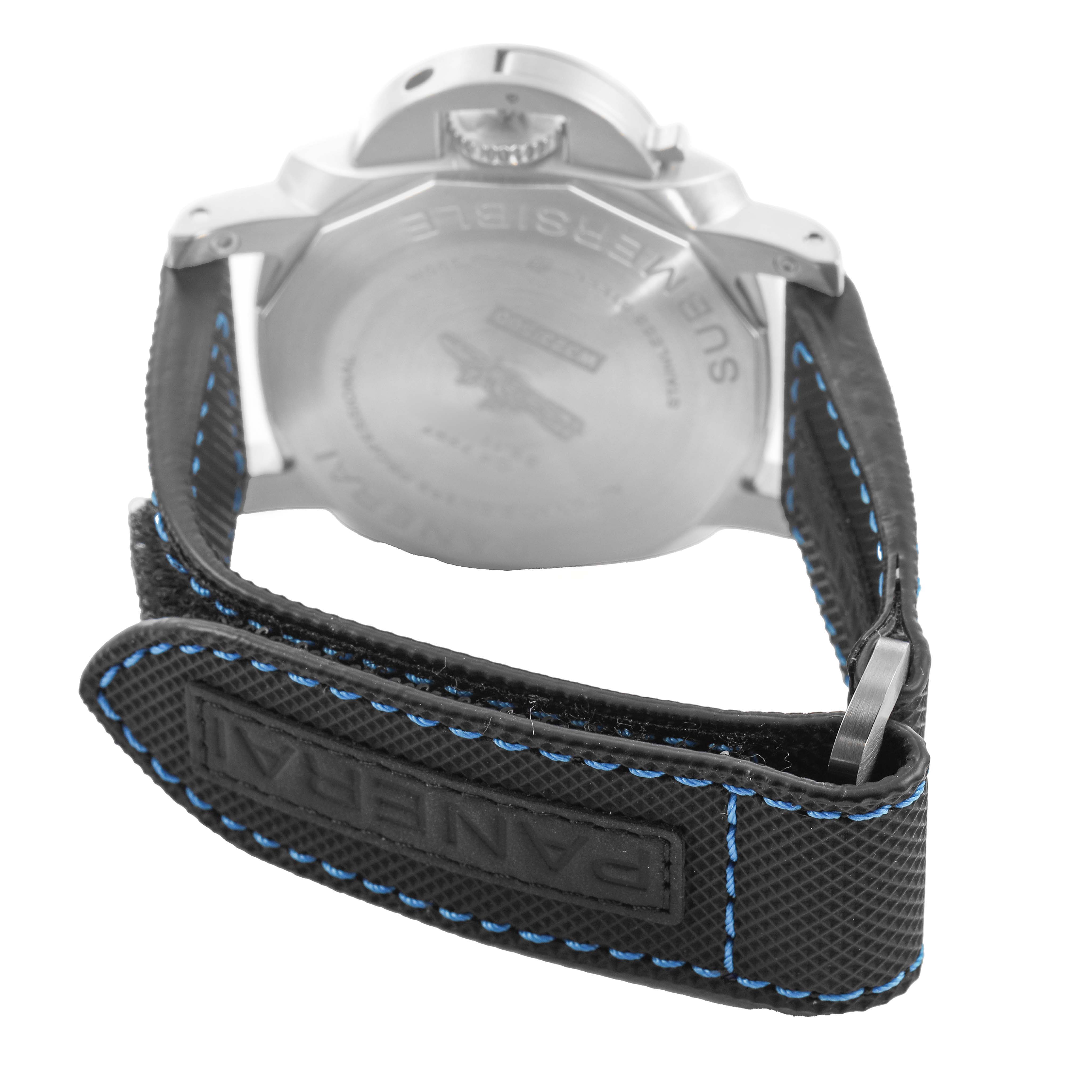 The image shows the back case and strap of a Panerai Submersible PAM01209 Men's Stainless Steel Black Dial model, highlighting the textured strap with blue stitching.