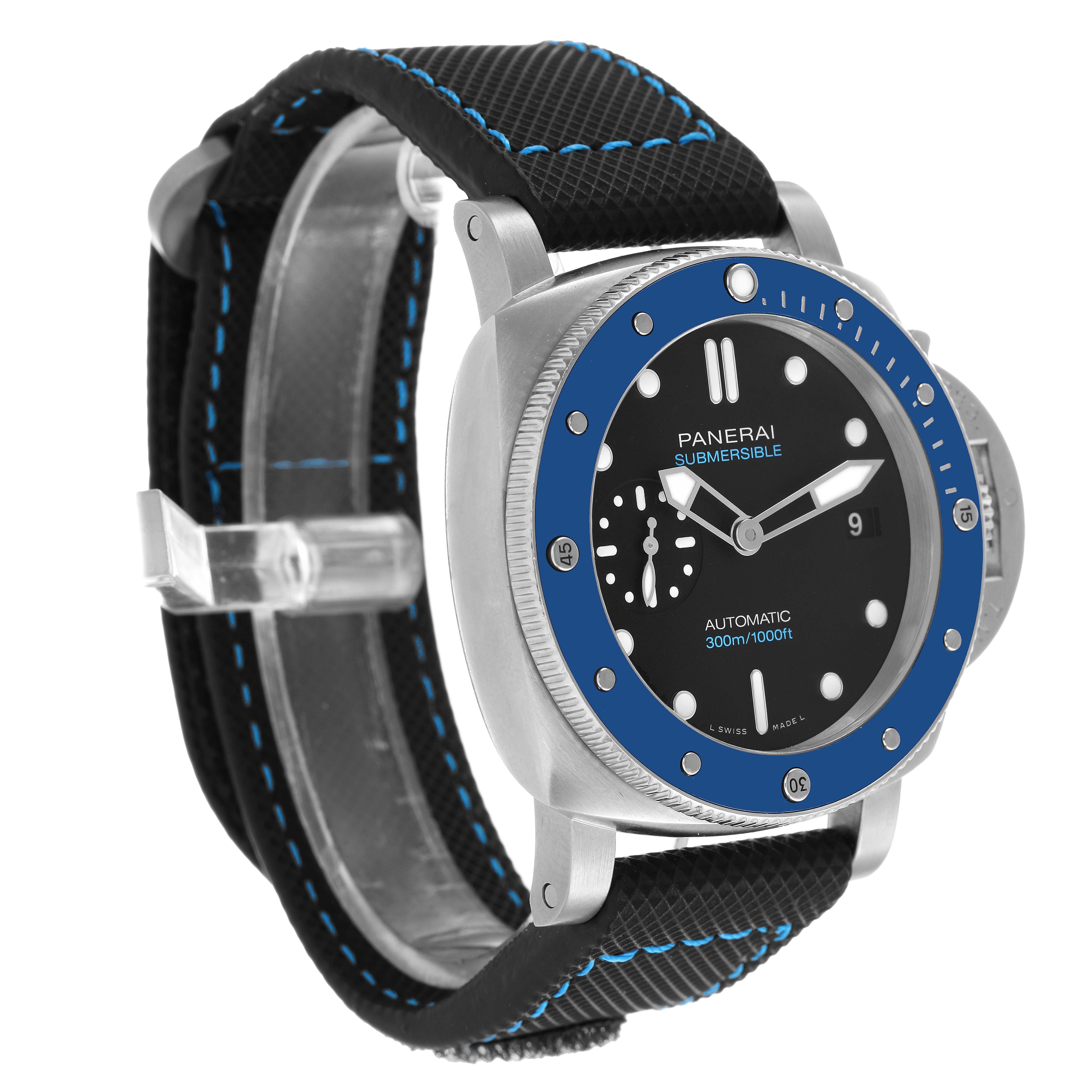 The Panerai Submersible PAM01209 Men's Stainless Steel Black Dial watch is shown at a three-quarter angle, displaying the face, bezel, and strap.