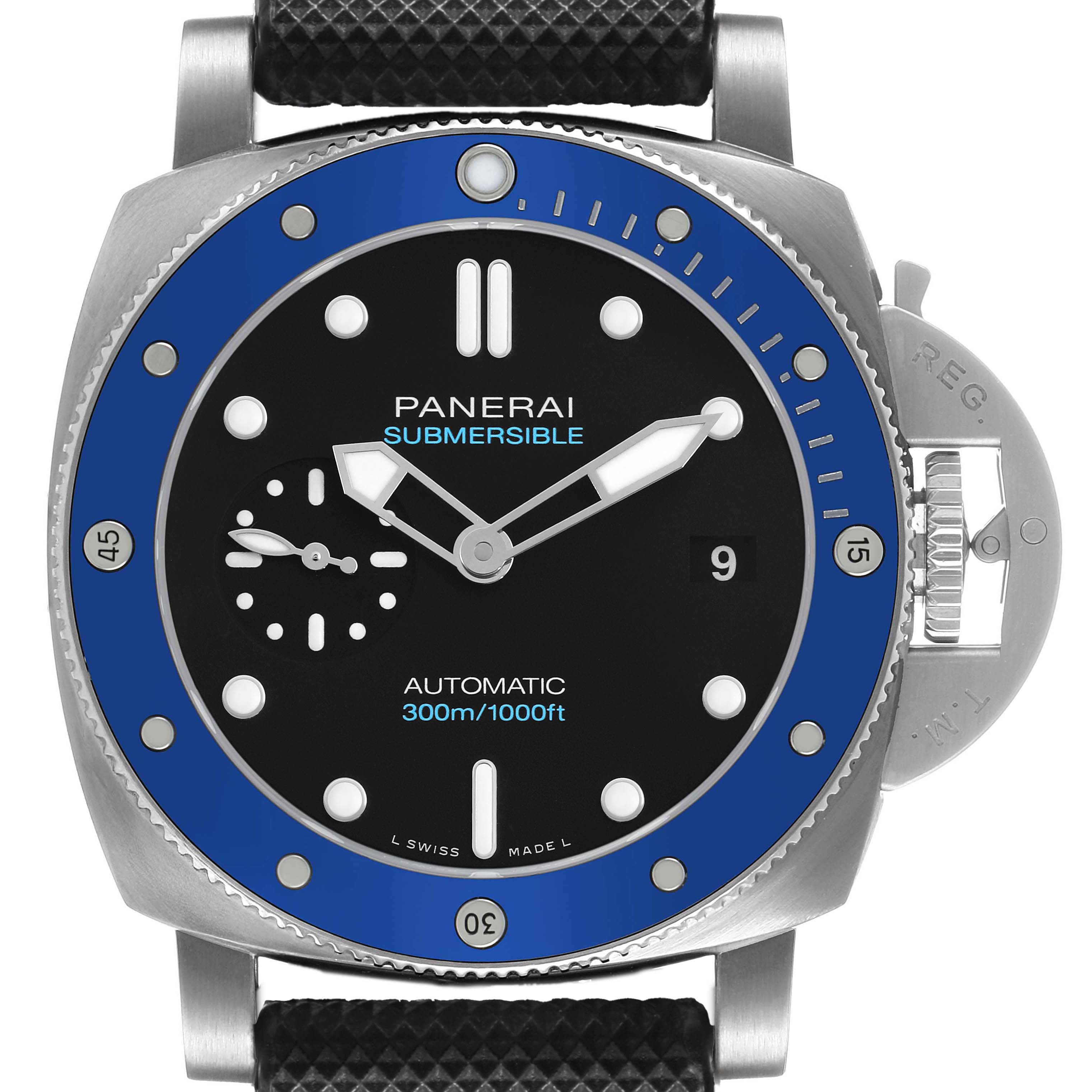 The Panerai Submersible PAM01209 Men's Stainless Steel Black Dial watch is shown from a front angle, highlighting its dial, bezel, and crown guard.