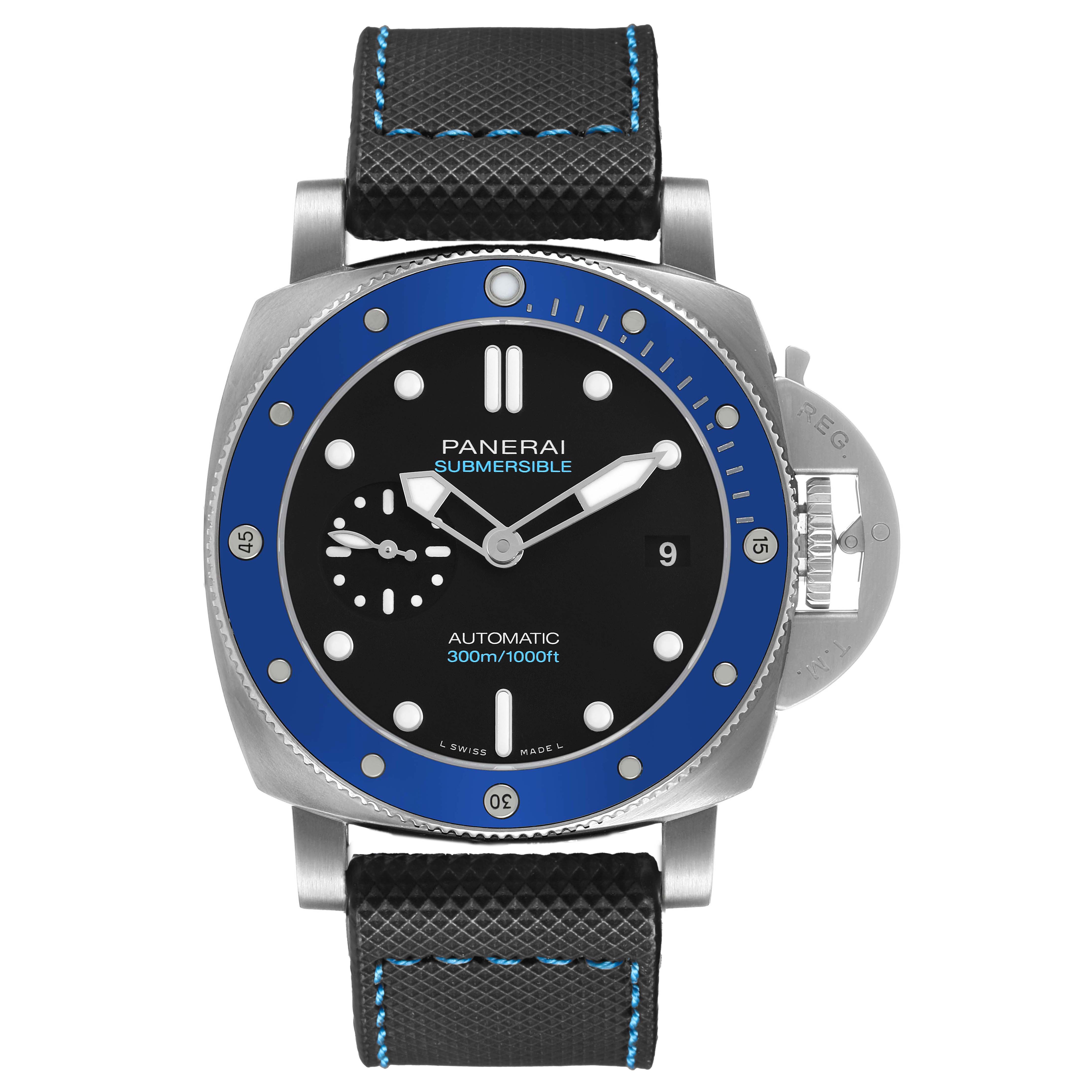 The Panerai Submersible PAM01209 Men's Stainless Steel Black Dial watch is shown from the front, highlighting the blue bezel, dial, and strap details.