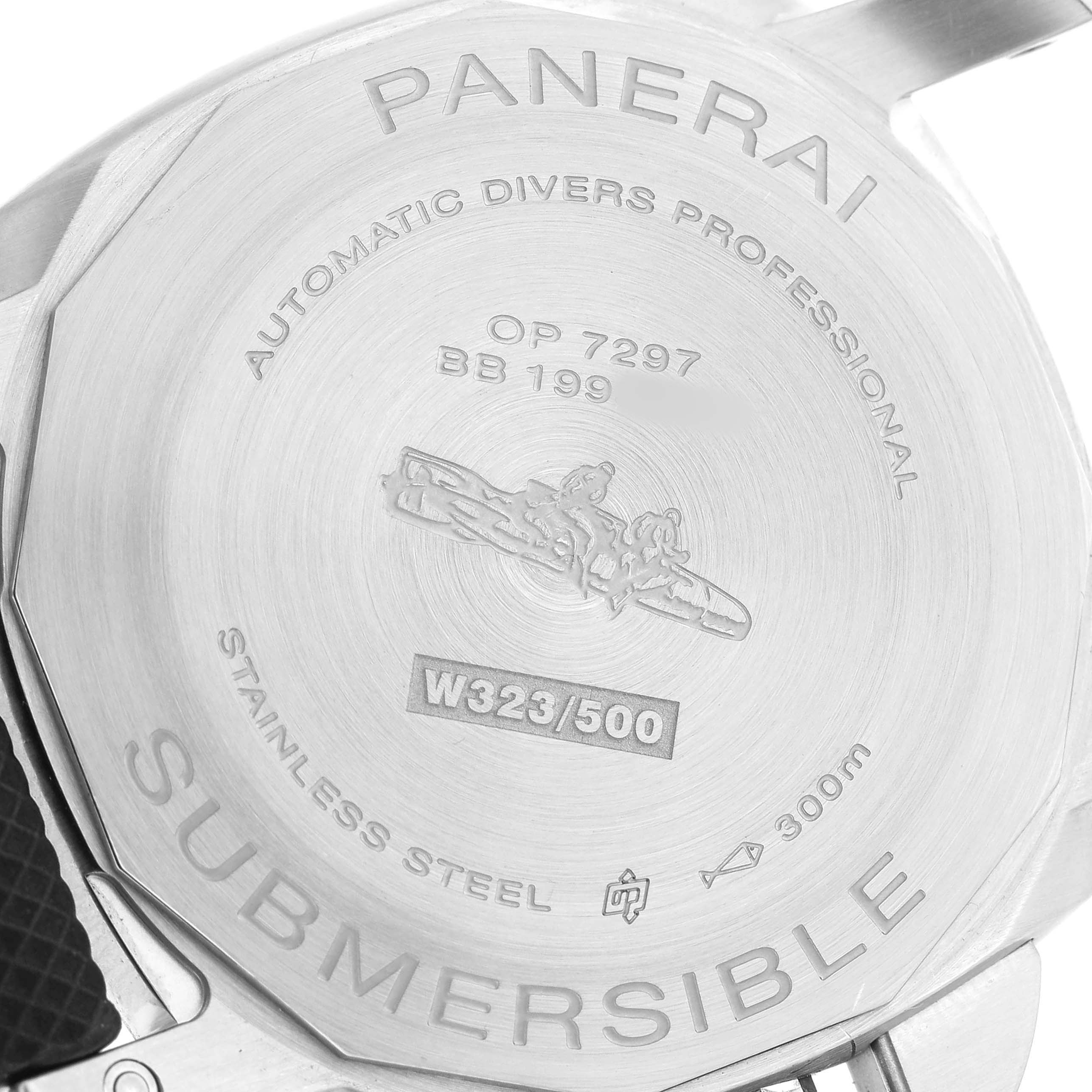 The image shows the back case of a Panerai Submersible PAM01209 Men's Stainless Steel Black Dial watch, displaying engravings and material details.