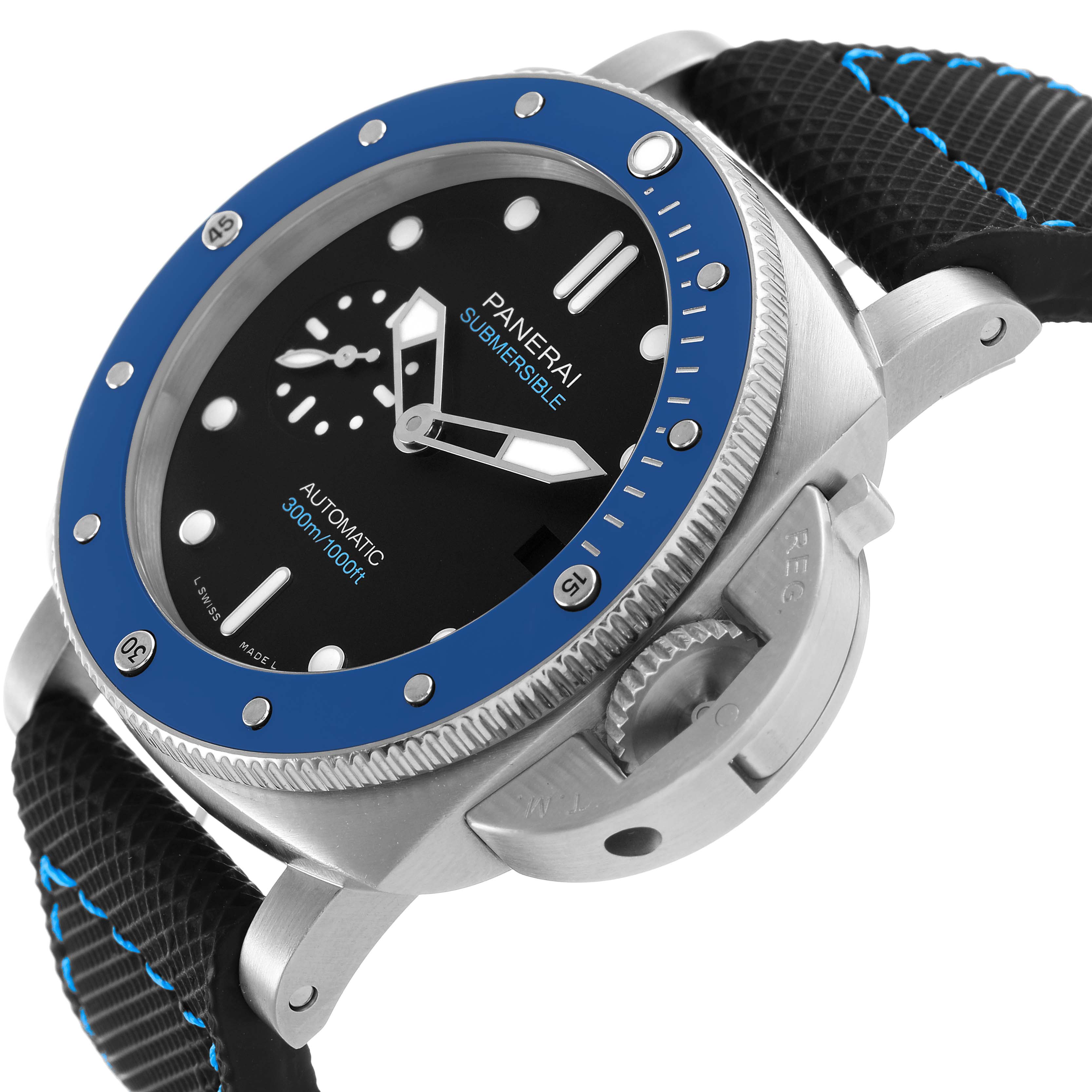 The Panerai Submersible PAM01209 Men's Stainless Steel Black Dial watch is shown at an oblique angle, highlighting the face, bezel, crown guard, and strap.