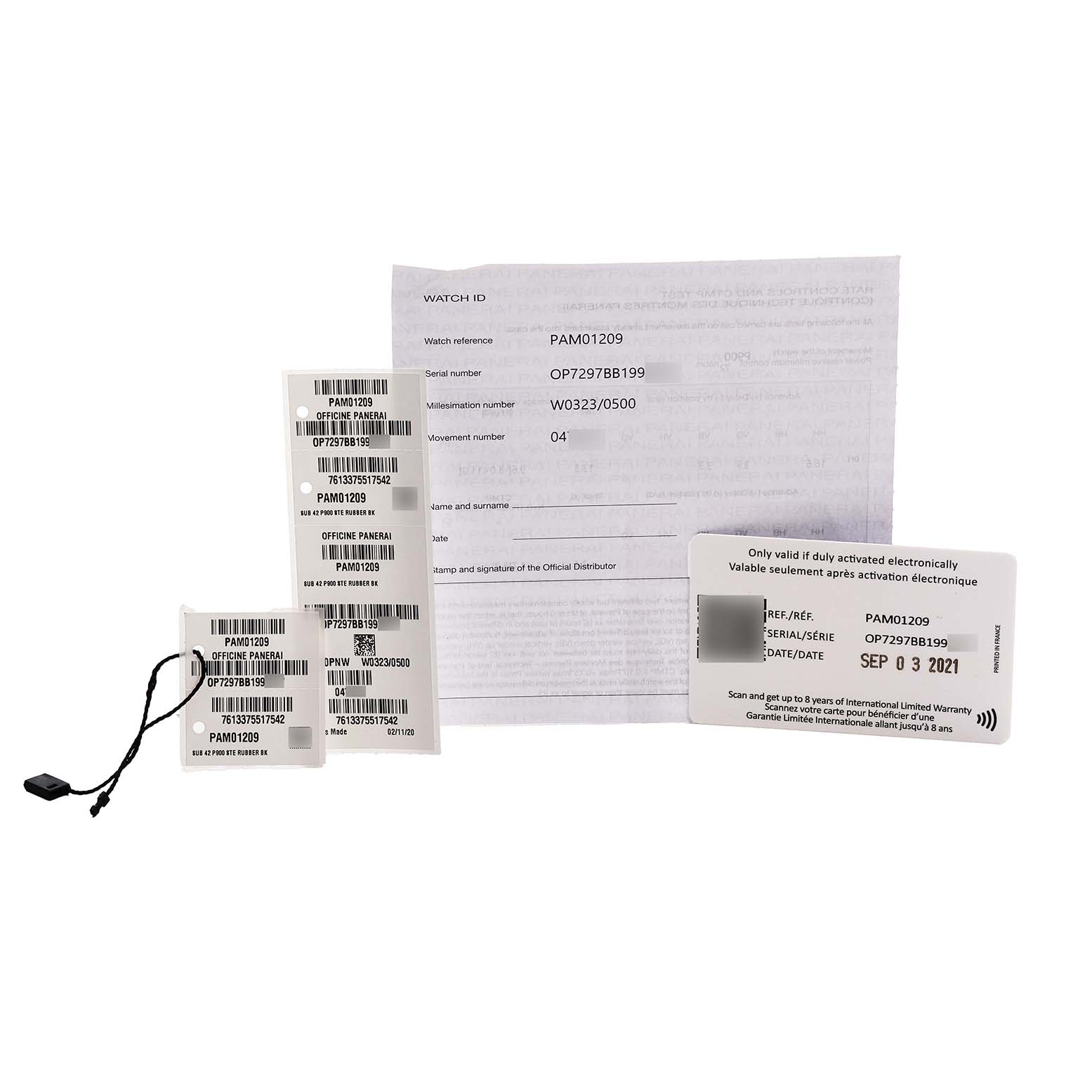 The image shows warranty cards, tags, and documents related to a Panerai Submersible PAM01209 Men's Stainless Steel Black Dial model, including serial numbers and reference info.