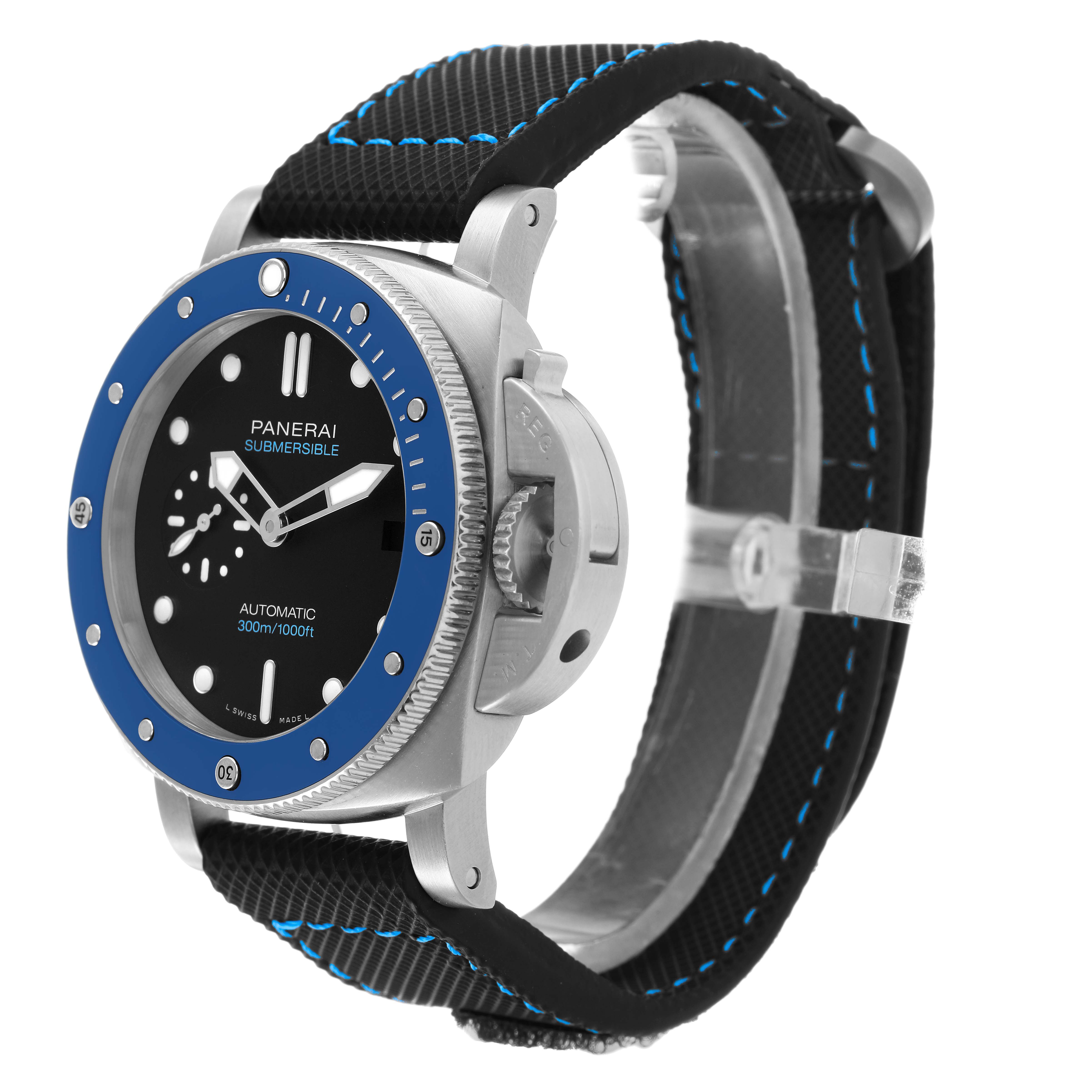 The Panerai Submersible PAM01209 Men's Stainless Steel Black Dial watch is shown at a side angle, displaying the case, bezel, dial, crown, and part of the strap.