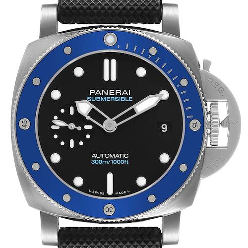 The Panerai Submersible PAM01209 Men's Stainless Steel Black Dial watch is shown from a front view, displaying the dial, bezel, crown guard, and strap.