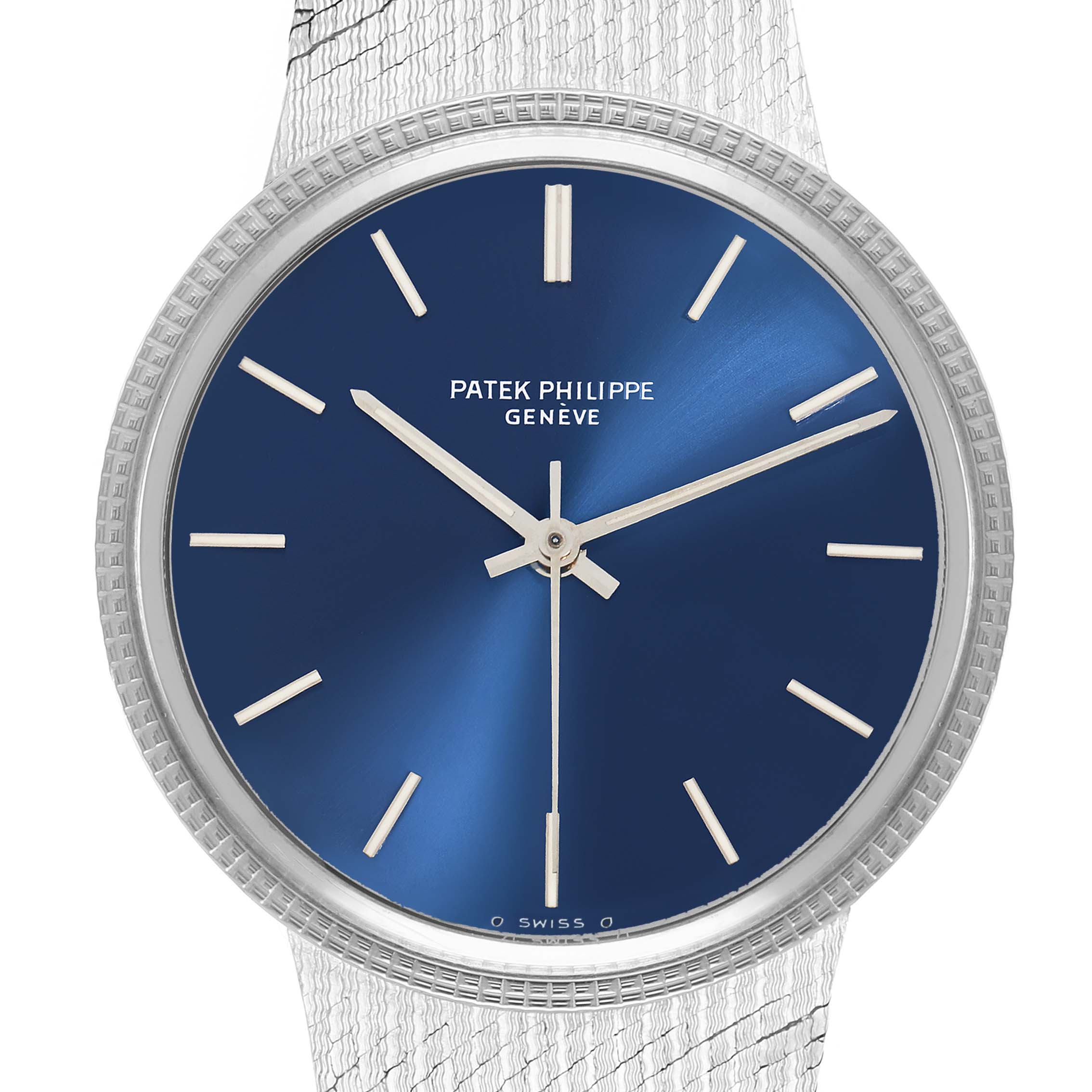 The image shows a front view of a Patek Philippe Vintage 3569 Men
s White Gold Blue Dial watch featuring a blue dial and silver hands and markers.