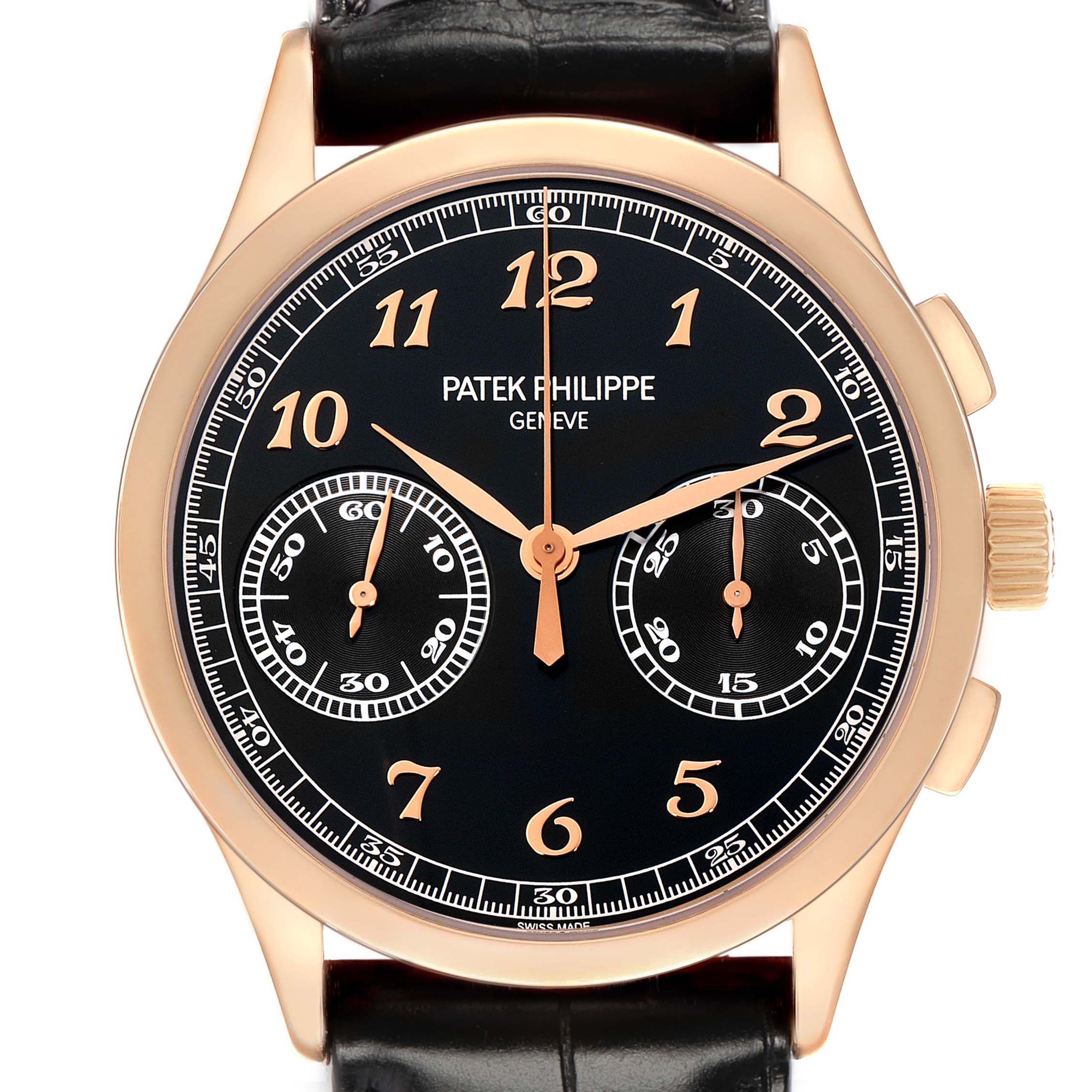 The Patek Philippe Complications 5170 Men
s Rose Gold Black Dial watch is shown front-facing, highlighting its black dial, gold numerals, subdials, crown, and pushers.