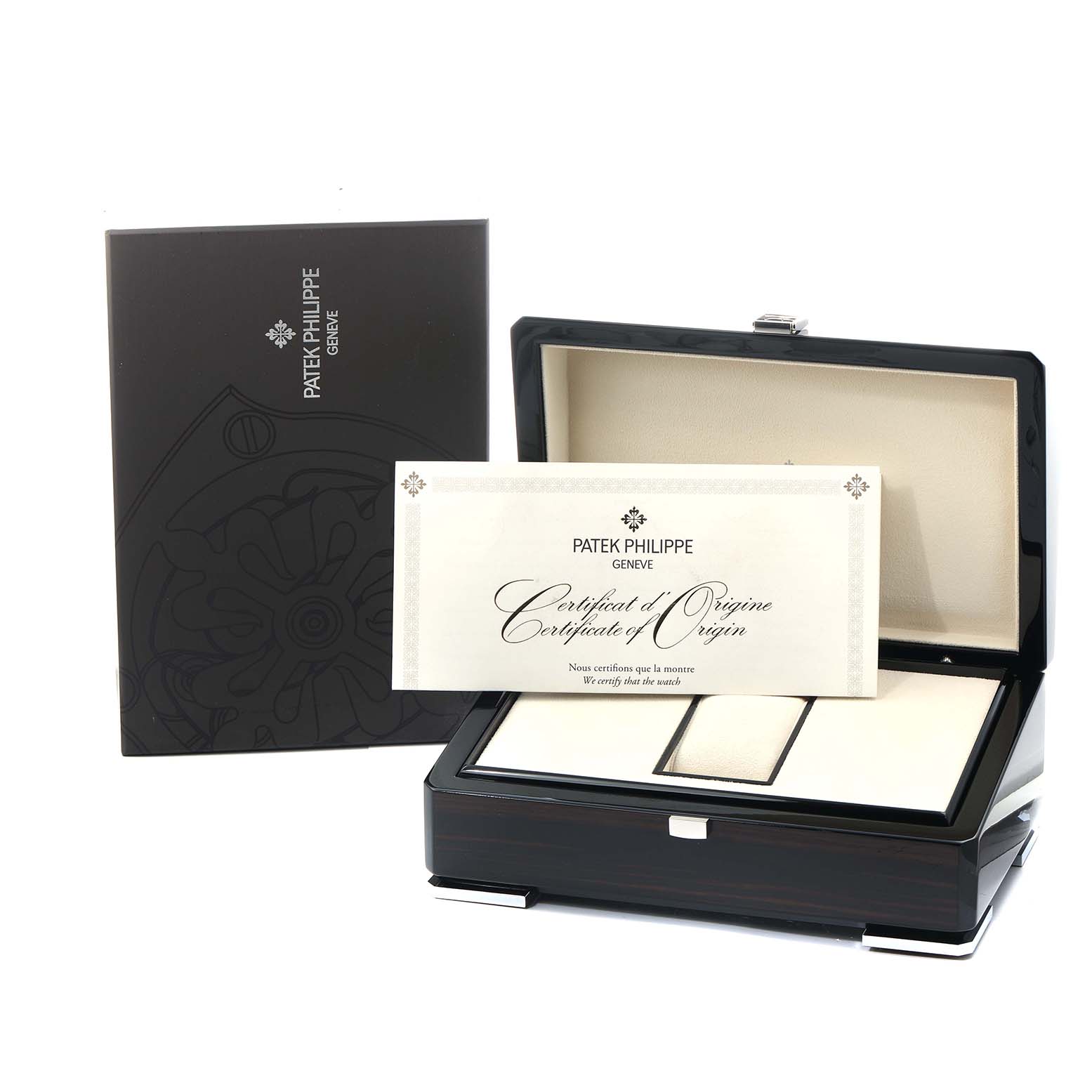 The image shows a Patek Philippe Complications 5170 Men
s Rose Gold Black Dial watch box at an angle, with a certificate of origin and outer packaging.