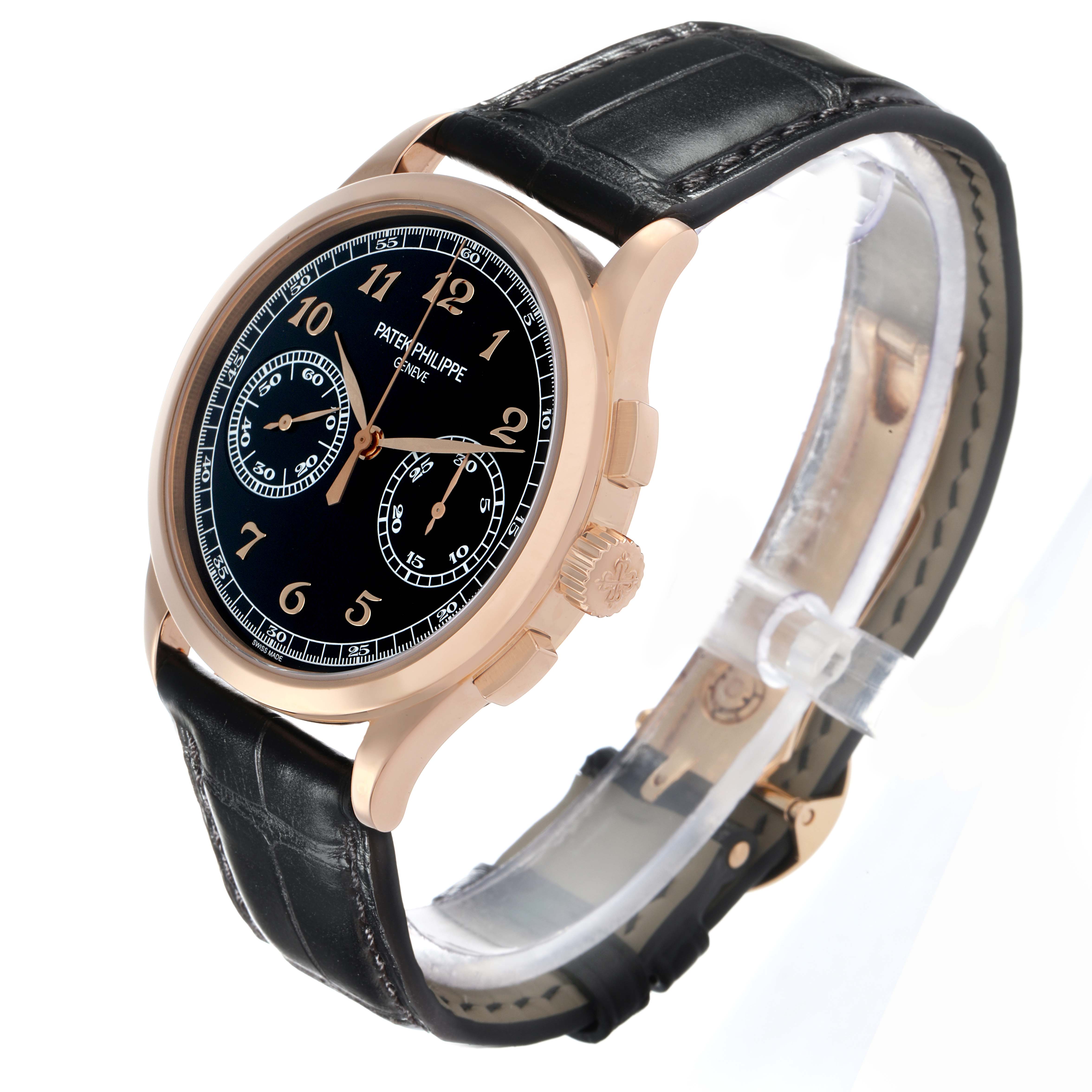 The Patek Philippe Complications 5170 Men
s Rose Gold Black Dial model is shown at a three-quarter angle, displaying the face, crown, and strap.