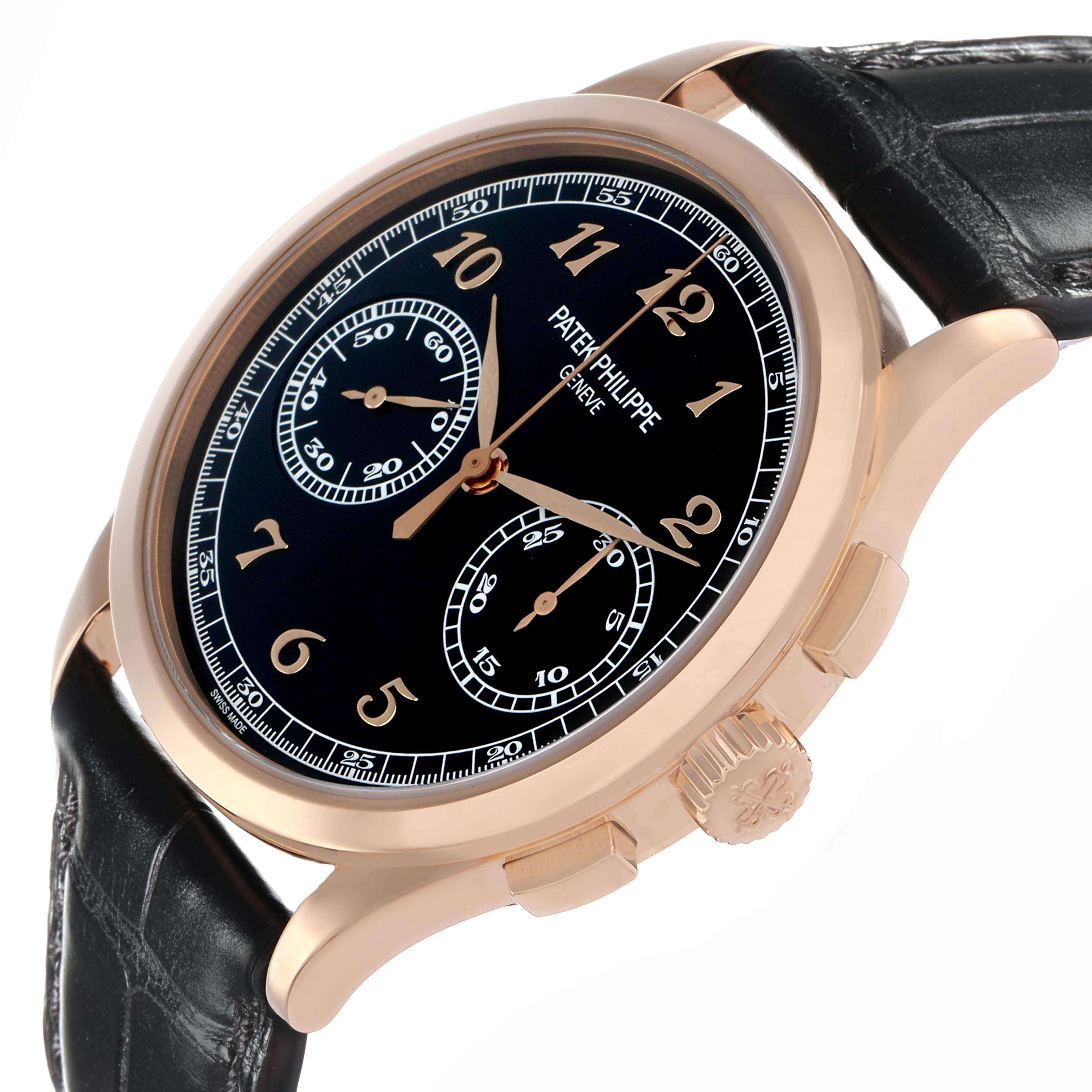 The Patek Philippe Complications 5170 Men
s Rose Gold Black Dial watch is shown from a three-quarter angle, highlighting the watch face, crown, and leather strap.