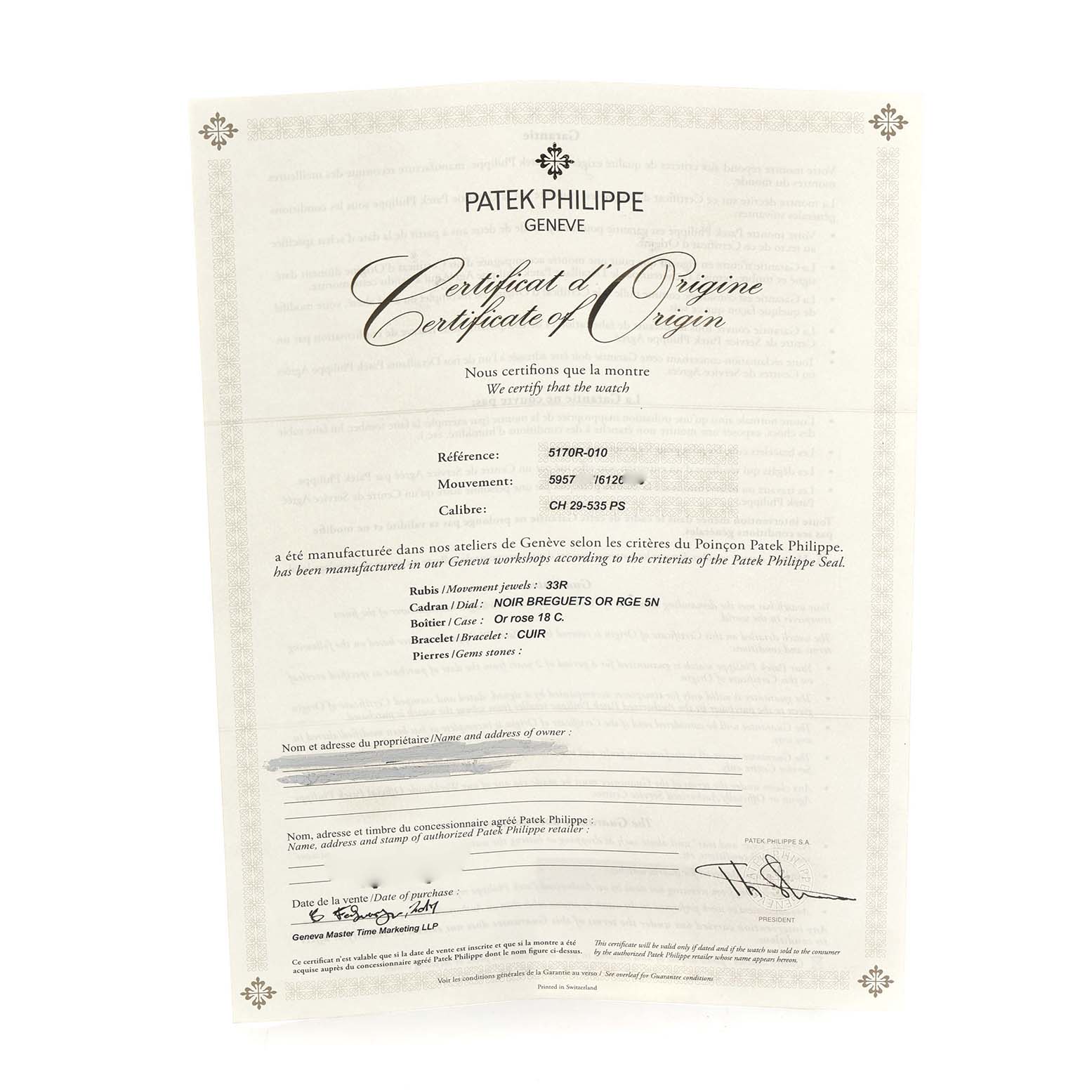 The image shows the "Certificate of Origin" for the Patek Philippe Complications 5170 Men
s Rose Gold Black Dial model.