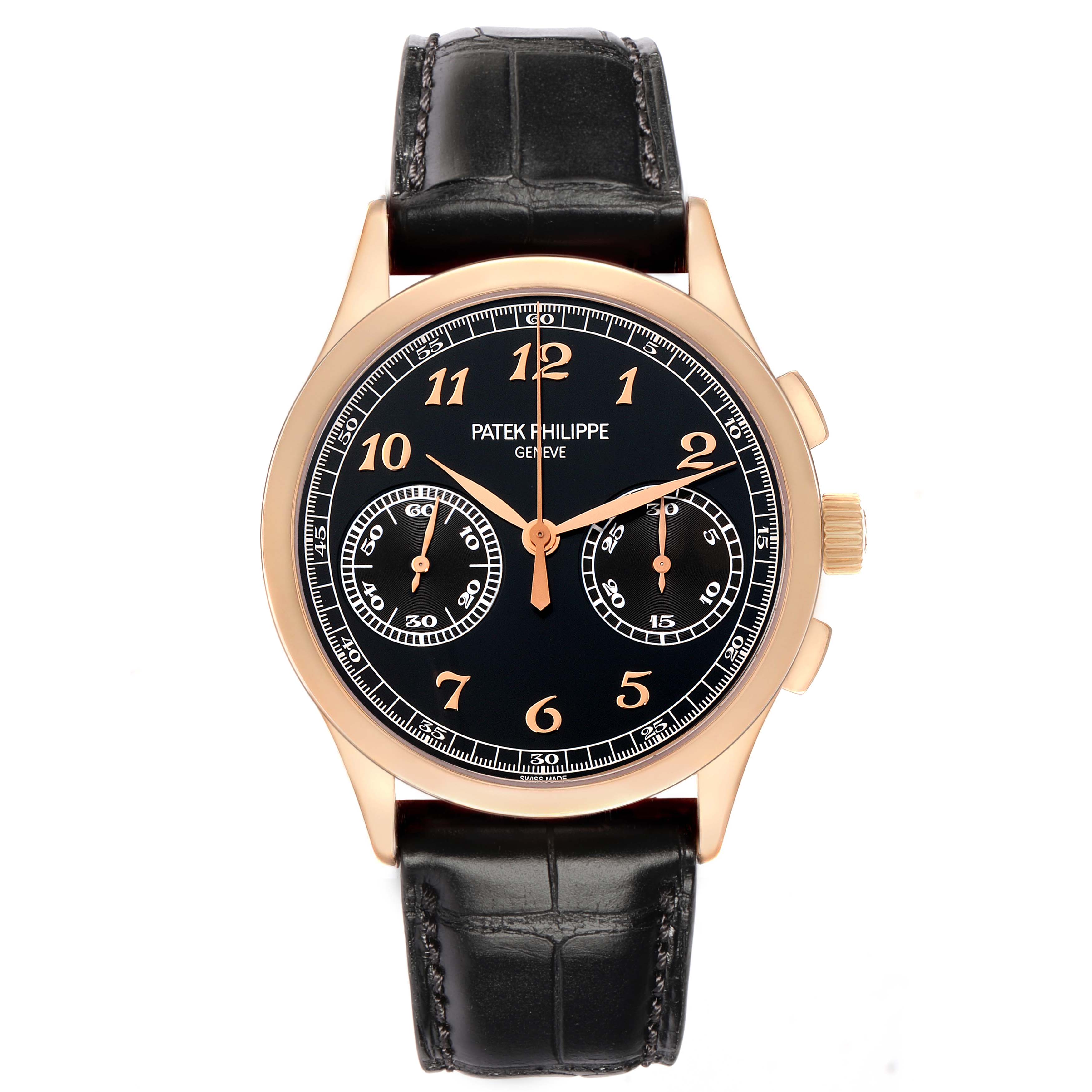 The Patek Philippe Complications 5170 Men
s Rose Gold Black Dial watch is shown from the front, highlighting its black dial with gold accents and leather strap.