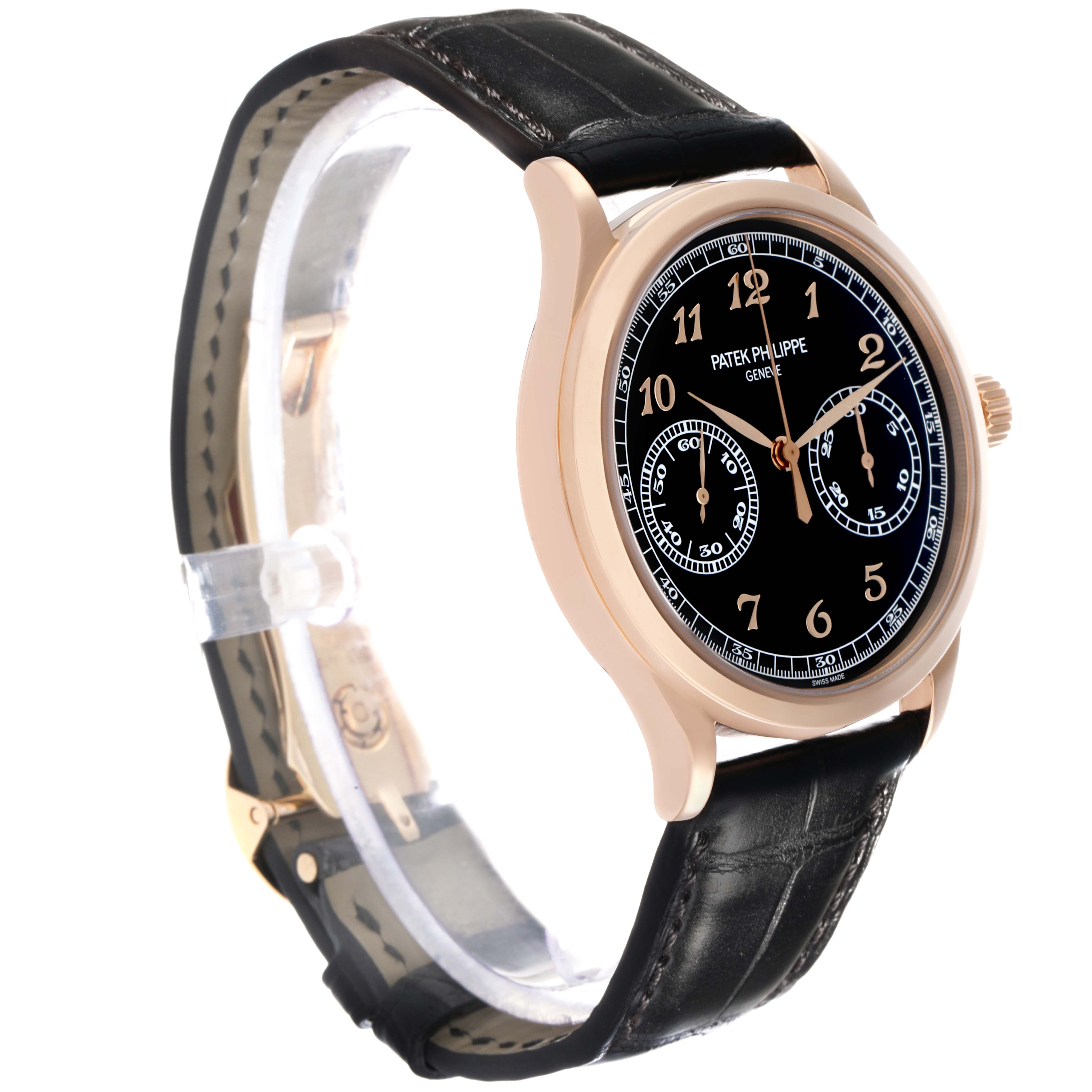 The Patek Philippe Complications 5170 Men
s Rose Gold Black Dial watch is shown at a slight angle, highlighting the black dial, gold case, and leather strap.