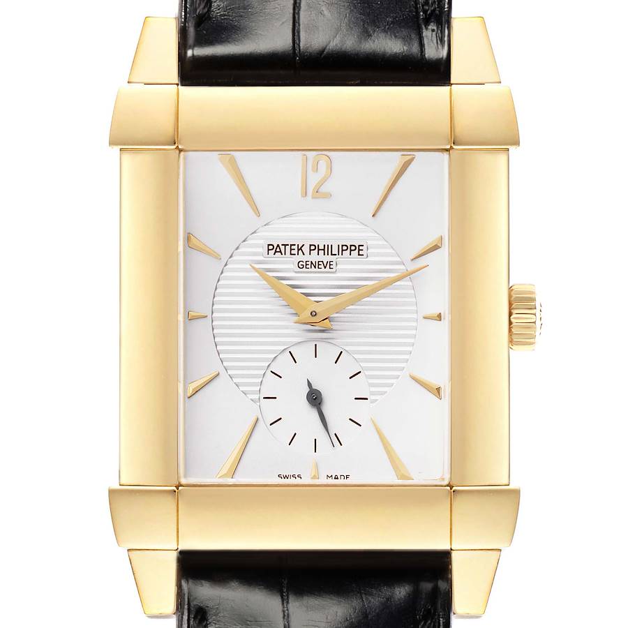 The Patek Philippe Gondolo 5111J-001 Men's Yellow Gold Silver Dial watch is shown from a front angle, featuring its square gold case, white dial, and black leather strap.