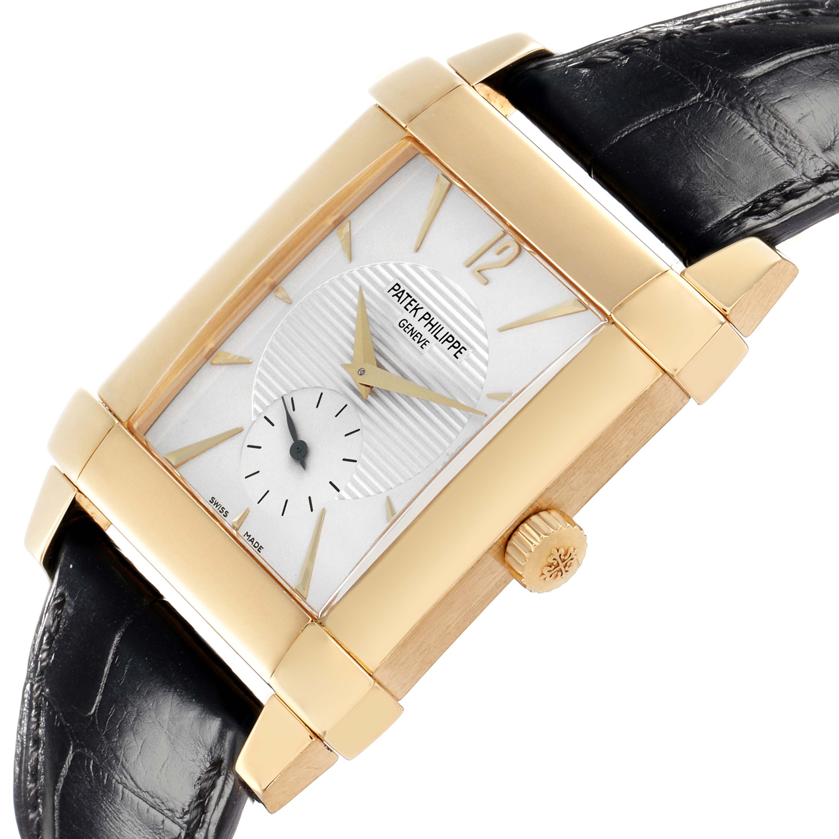The Patek Philippe Gondolo 5111J-001 Men
s Yellow Gold Silver Dial watch is shown at a slight angle, displaying its rectangular dial, gold case, crown, and leather strap.