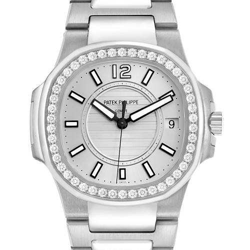The Patek Philippe Nautilus 7010/1G-001 Women's White Gold Silver Dial watch is shown from the front, highlighting the dial, bezel, and bracelet.