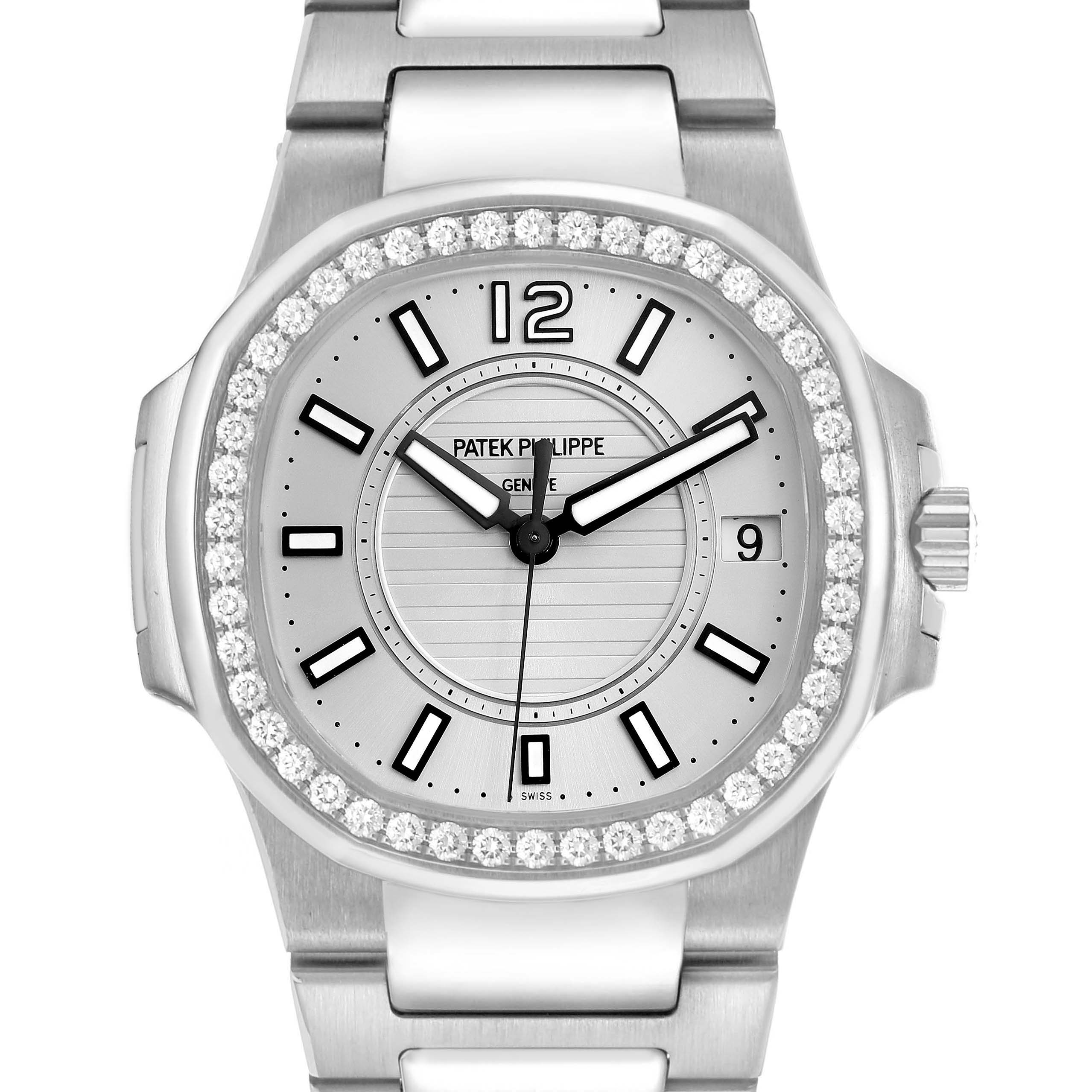 The image shows a front view of the Patek Philippe Nautilus 7010/1G-001 Women's White Gold Silver Dial watch, highlighting its dial, bezel with diamonds, and bracelet.