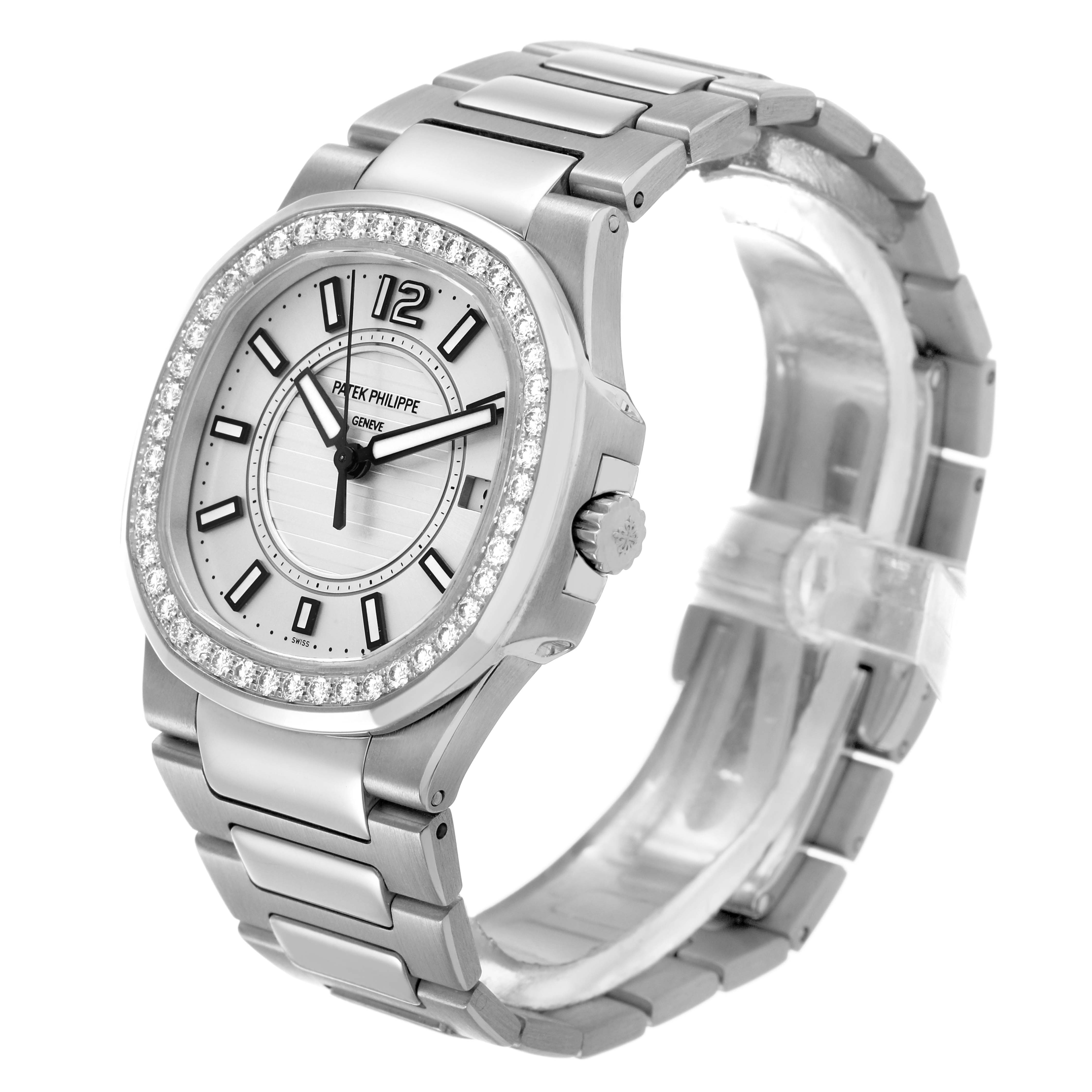 The Patek Philippe Nautilus 7010/1G-001 Women's White Gold Silver Dial watch is shown at a slight angle, highlighting the band, face, bezel, and crown.