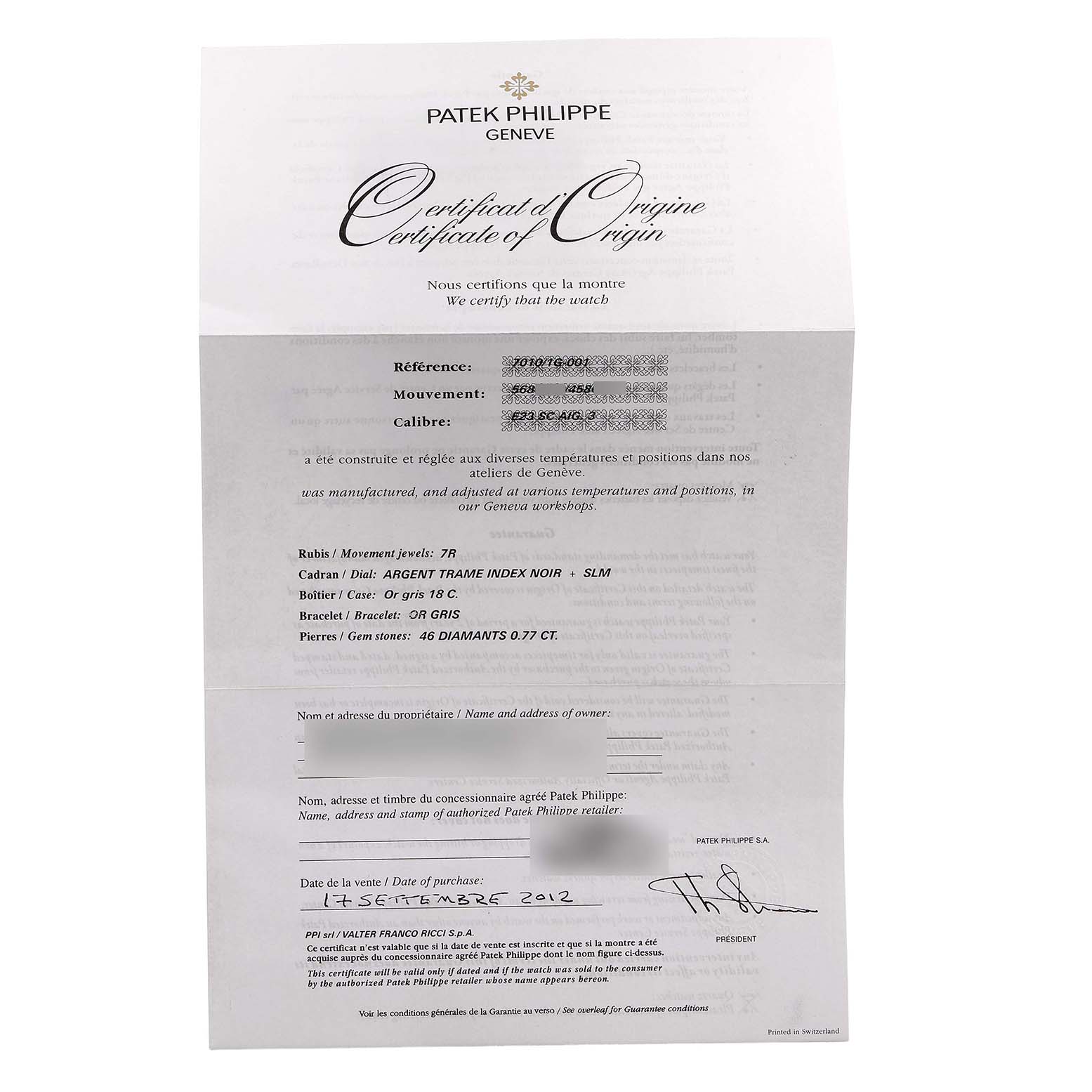 The image shows a certificate of origin for a Patek Philippe Nautilus 7010/1G-001 Women's White Gold Silver Dial watch, with text and details about the watch visible.