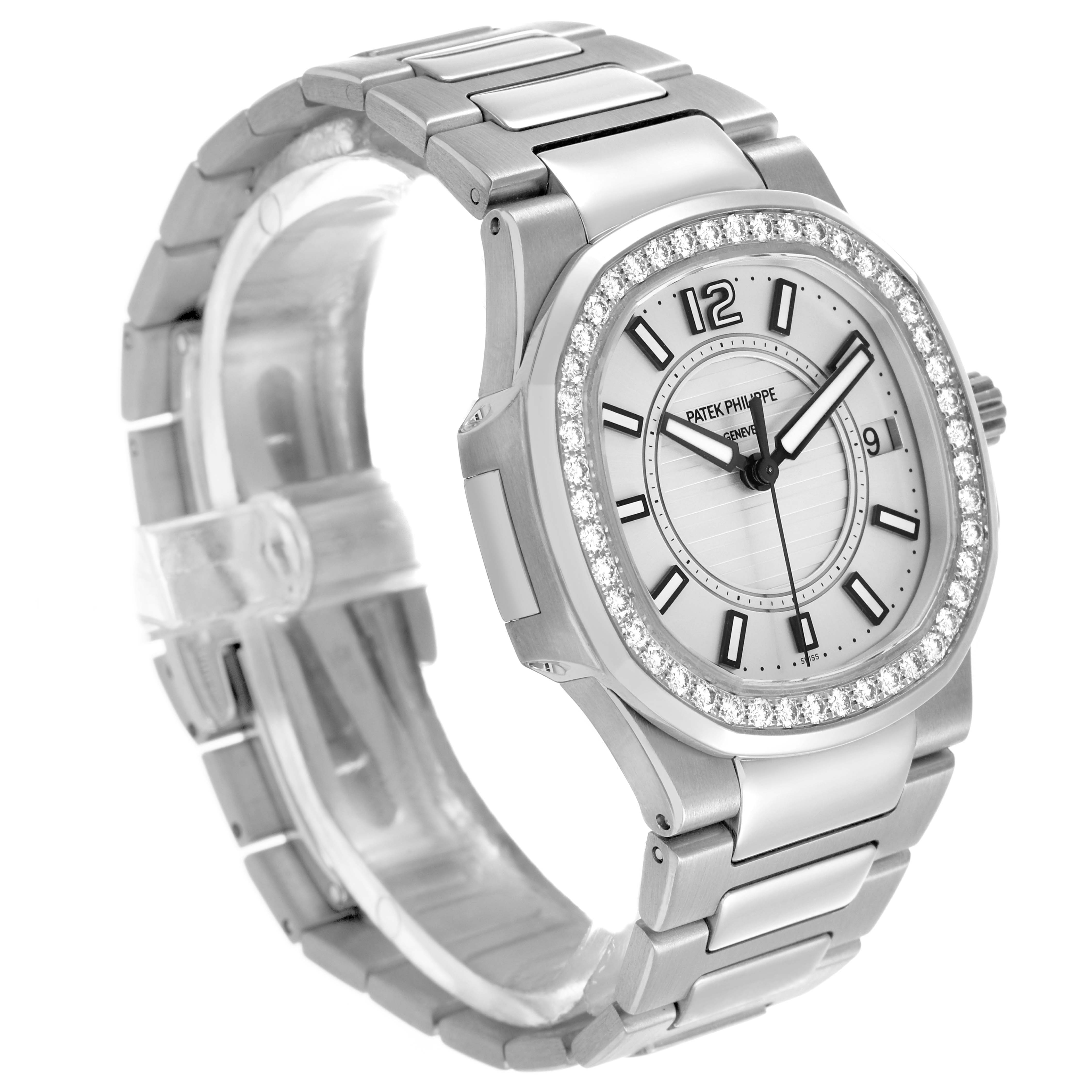 This image shows a side angle view of the Patek Philippe Nautilus 7010/1G-001 Women's White Gold Silver Dial, highlighting the face, bezel, and bracelet.