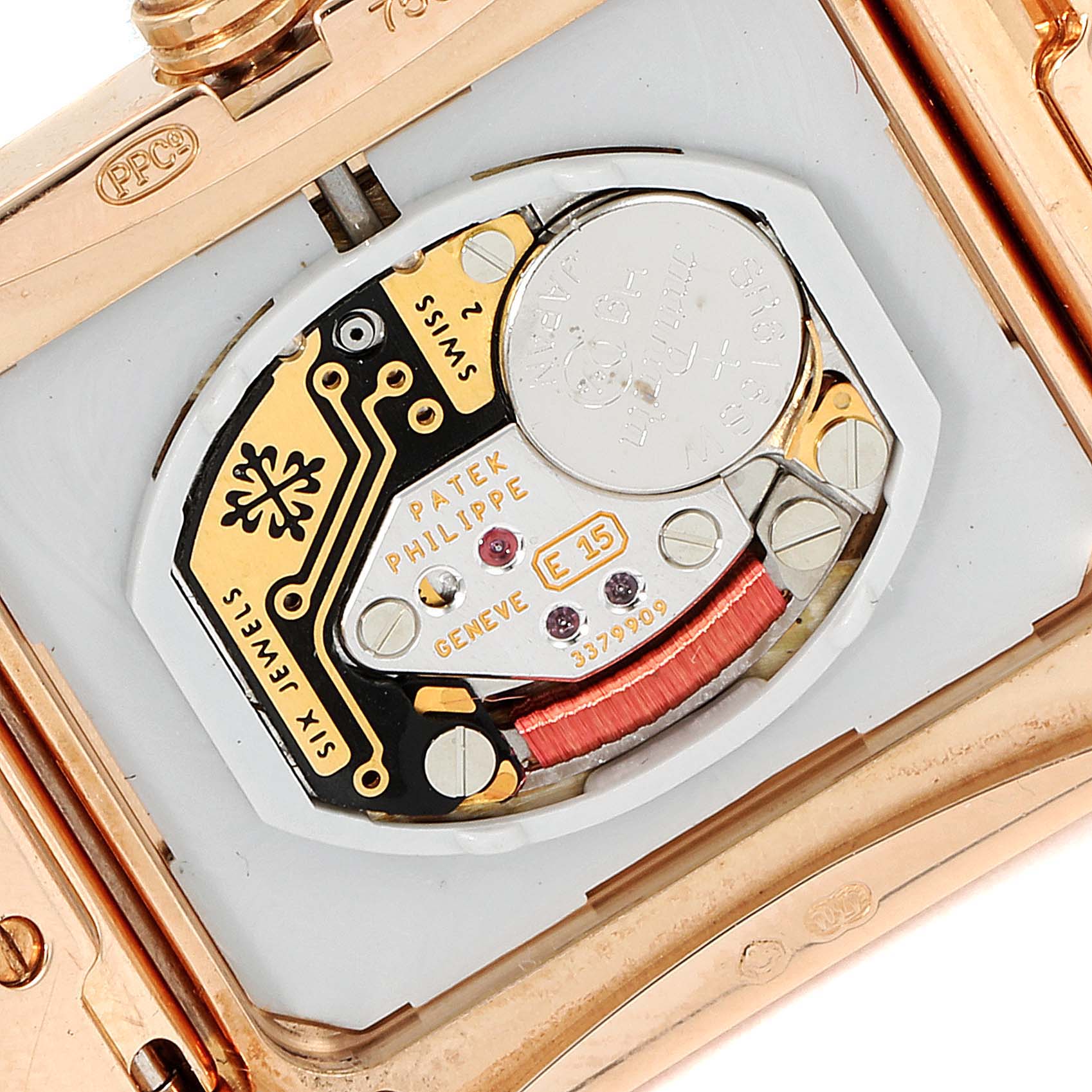 The image shows a close-up of the movement of a Patek Philippe Twenty-4 4920R-10 Women's Rose Gold Brown Dial 4920R-10 Women's Rose Gold Brown Dial watch.