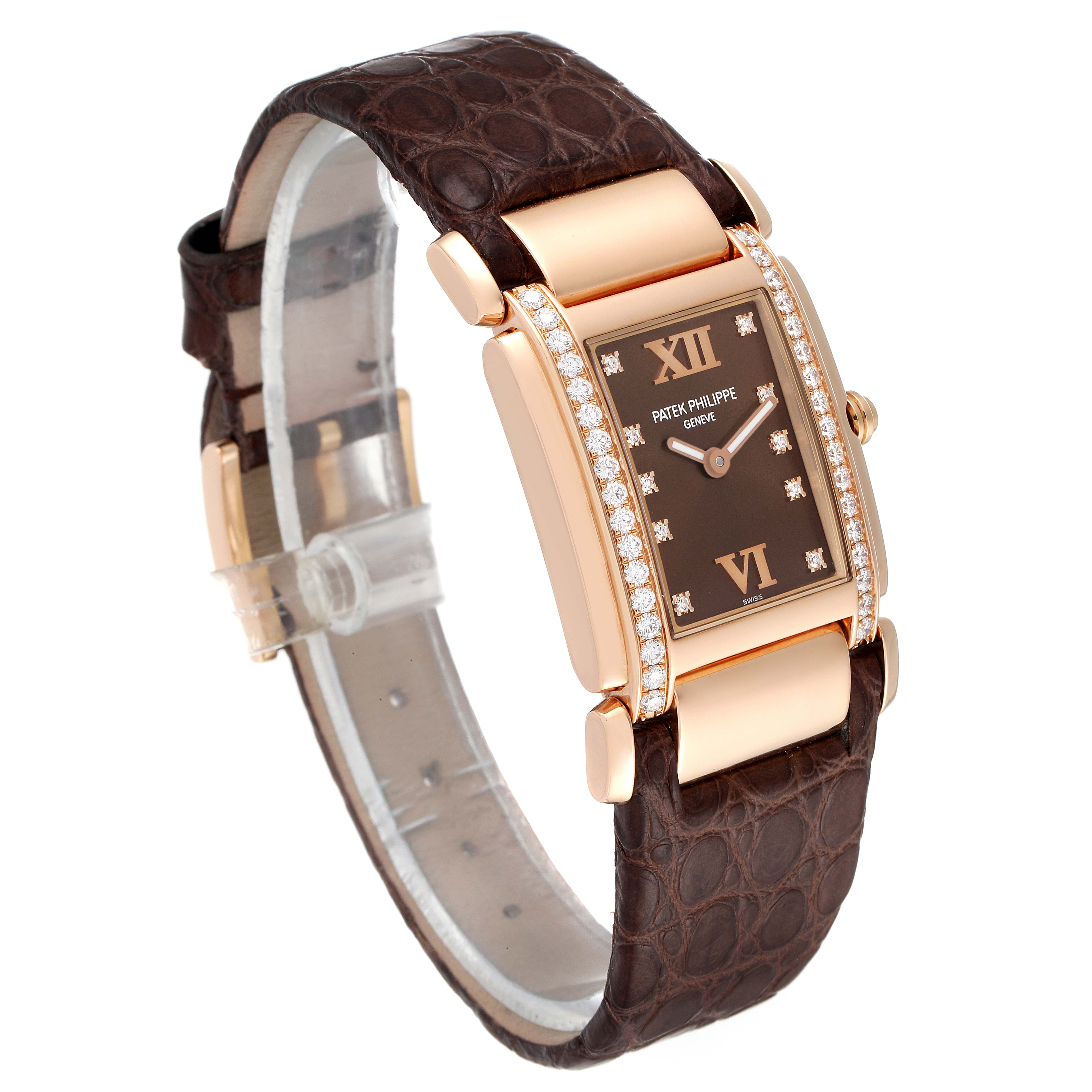 The image shows a front angled view of the Patek Philippe Twenty-4 4920R-10 Women's Rose Gold Brown Dial 4920R-10 Women's Rose Gold Brown Dial watch, highlighting its face, dial, diamonds, and leather strap.