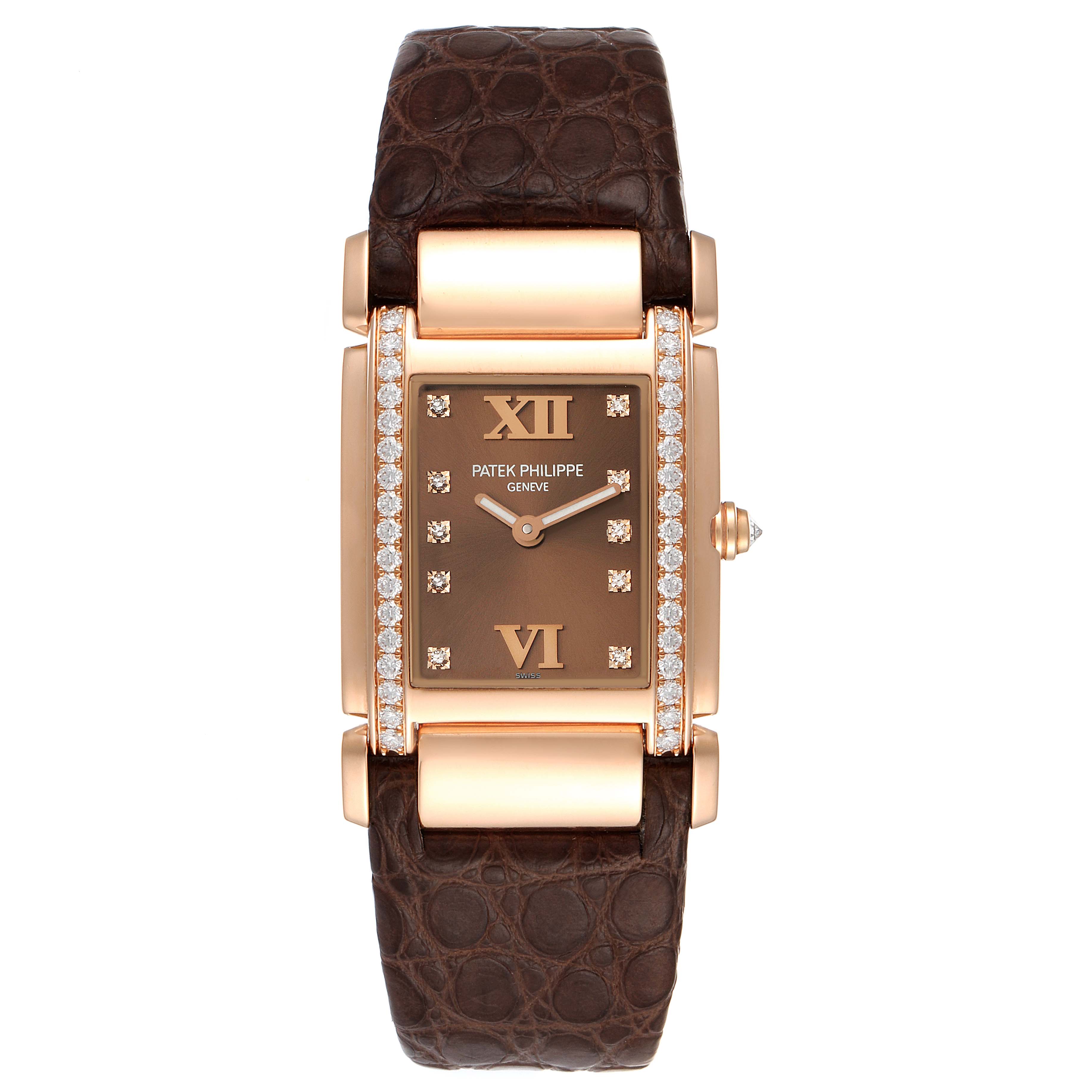 The image shows a frontal view of a Patek Philippe Twenty-4 4920R-10 Women's Rose Gold Brown Dial 4920R-10 Women's Rose Gold Brown Dial watch with a brown leather strap and diamond-accented dial.