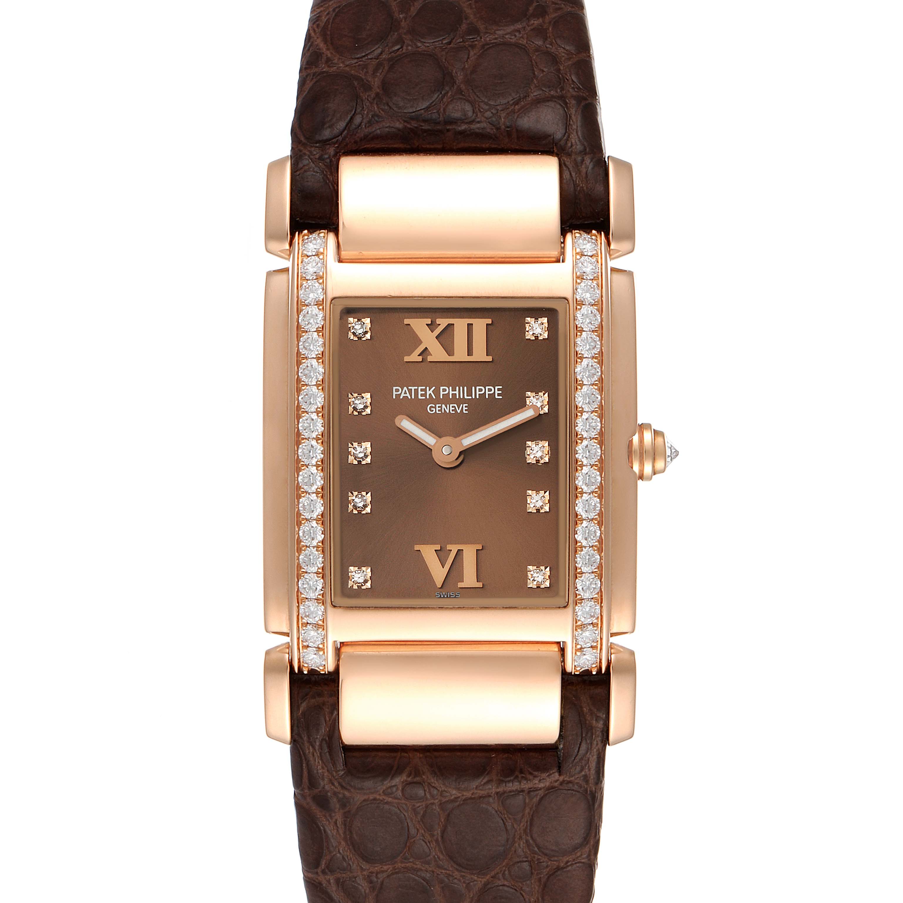 This image shows a front view of the Patek Philippe Twenty-4 4920R-10 Women's Rose Gold Brown Dial 4920R-10 Women's Rose Gold Brown Dial watch, highlighting its rectangular face, diamond accents, and leather strap.