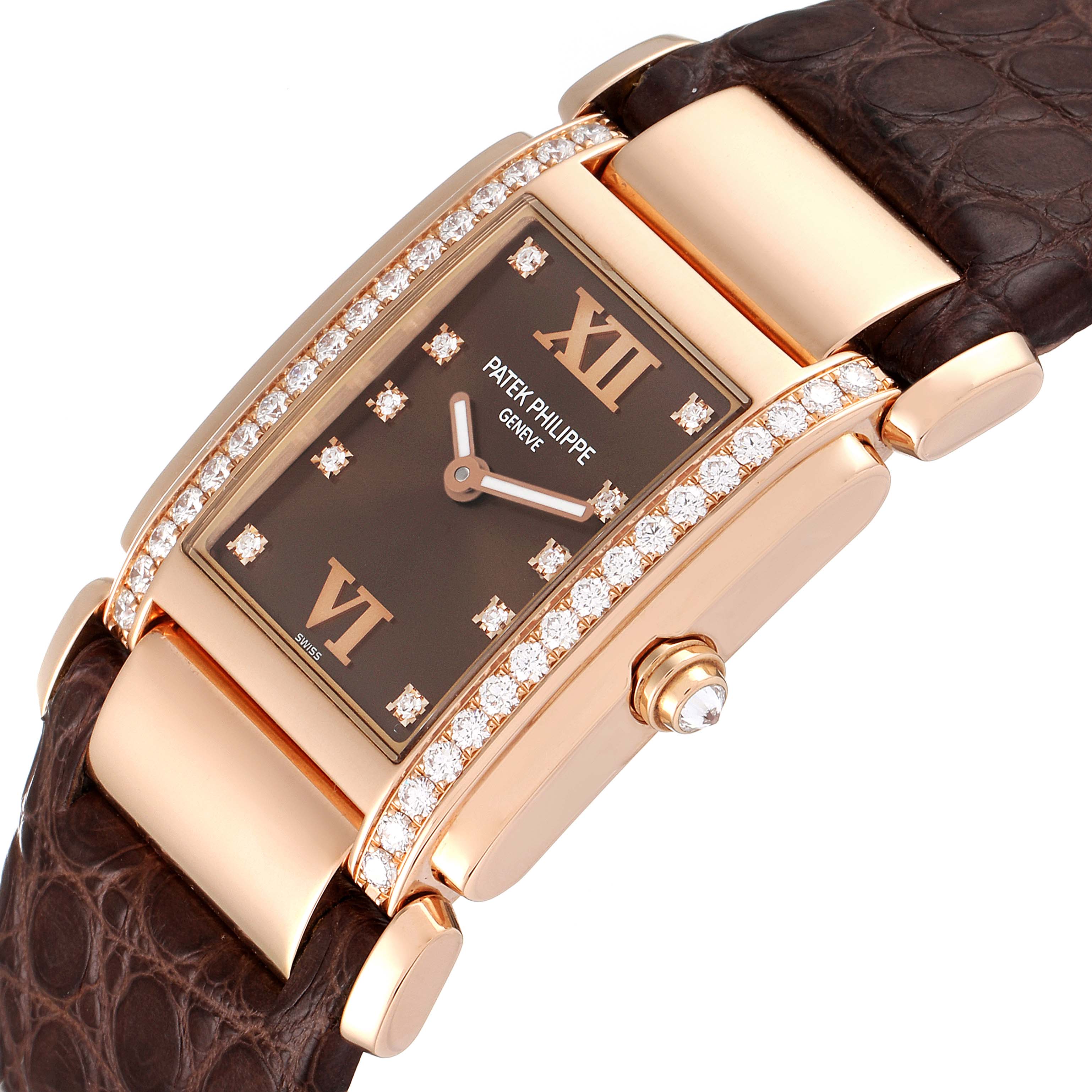 The image shows a close-up, angled view of a Patek Philippe Twenty-4 4920R-10 Women's Rose Gold Brown Dial 4920R-10 Women's Rose Gold Brown Dial watch, highlighting its rectangular face, diamond accents, and brown strap.