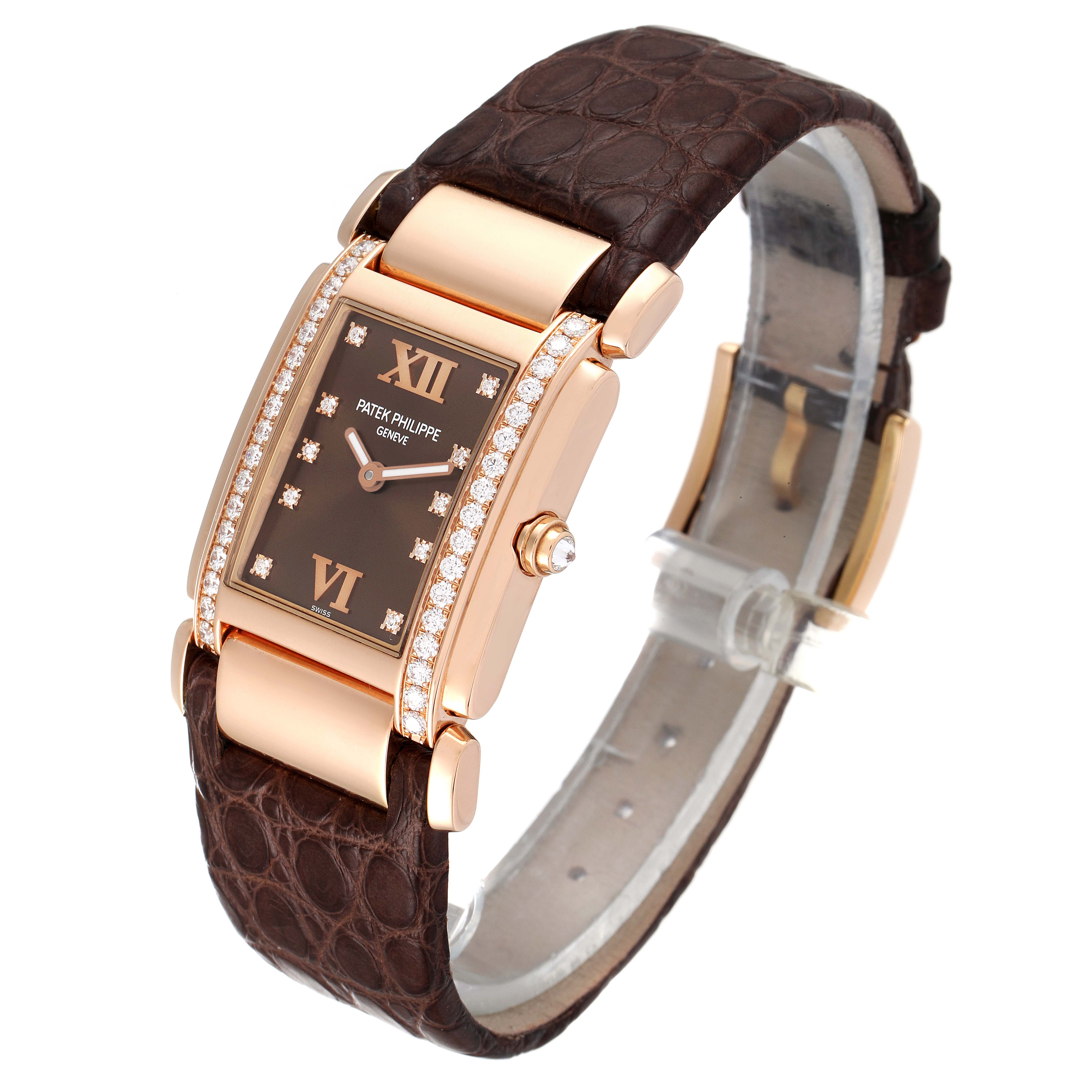 This is a Patek Philippe Twenty-4 4920R-10 Women's Rose Gold Brown Dial 4920R-10 Women's Rose Gold Brown Dial watch shown at a front-left angle, highlighting its face, strap, and crown.