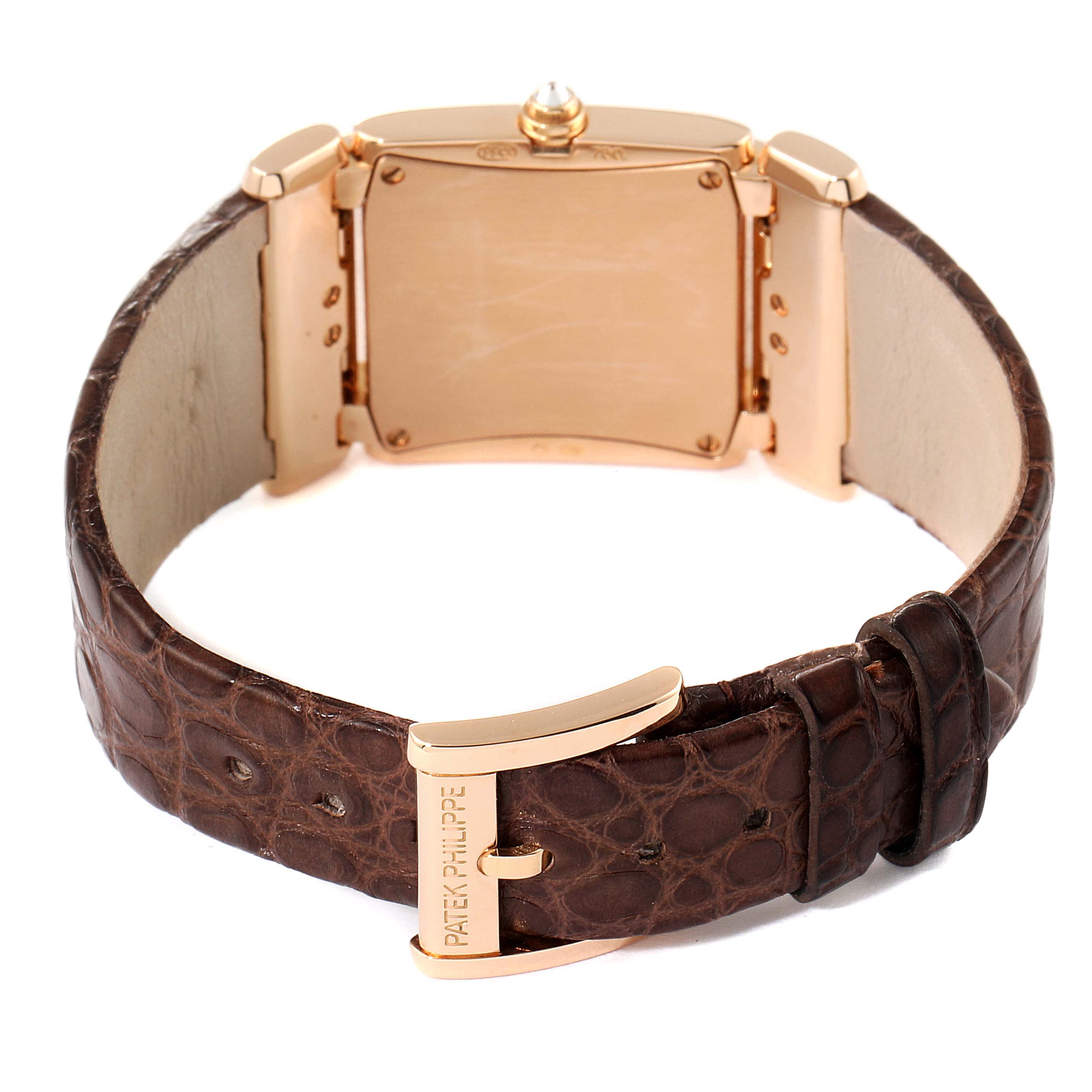 The image shows the back view of a Patek Philippe Twenty-4 4920R-10 Women's Rose Gold Brown Dial 4920R-10 Women's Rose Gold Brown Dial watch, highlighting the clasp and leather strap.