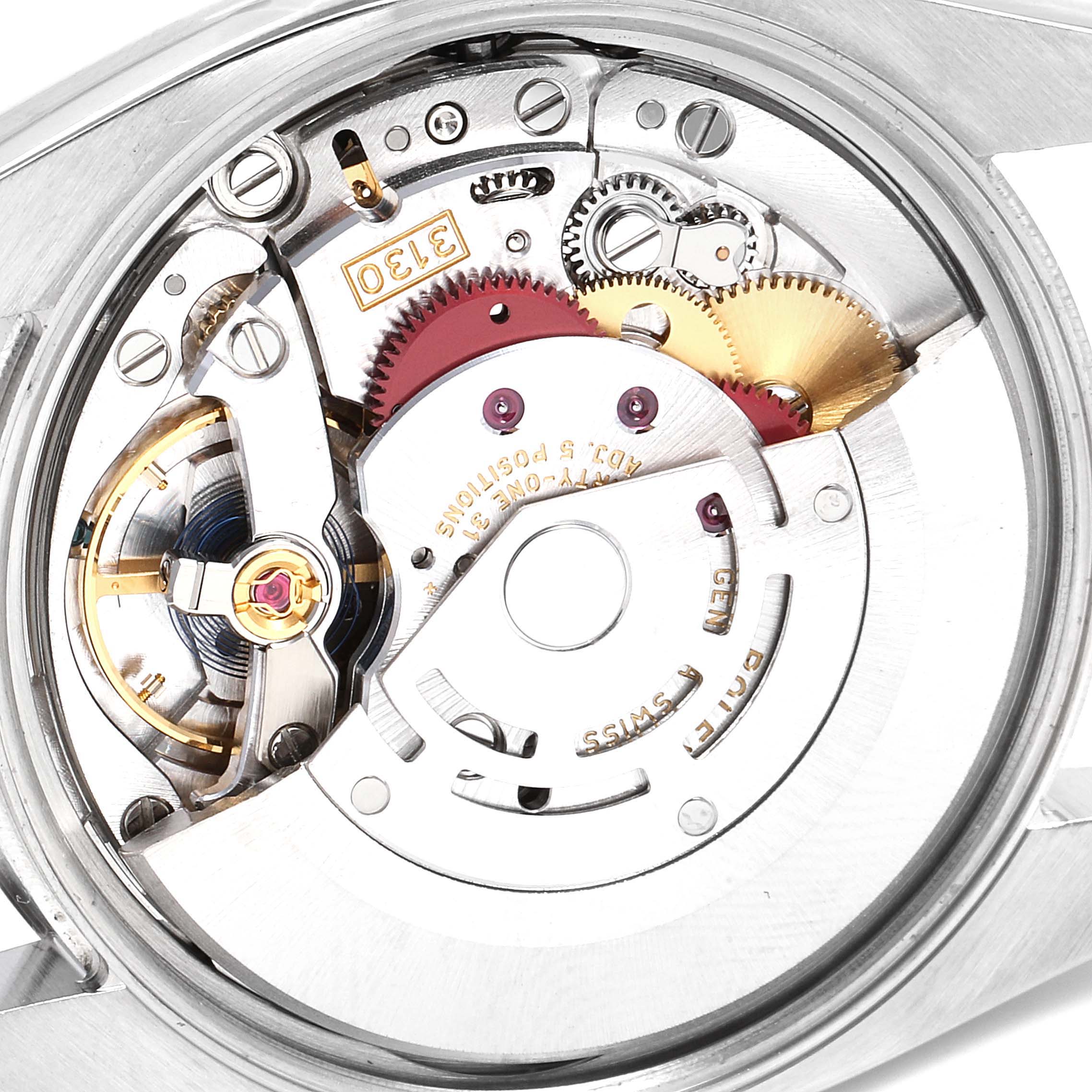 The image shows the movement mechanism of a Rolex Air-King 114200 Men's Stainless Steel Blue Dial 114200 Men's Stainless Steel Blue Dial watch viewed from the back.