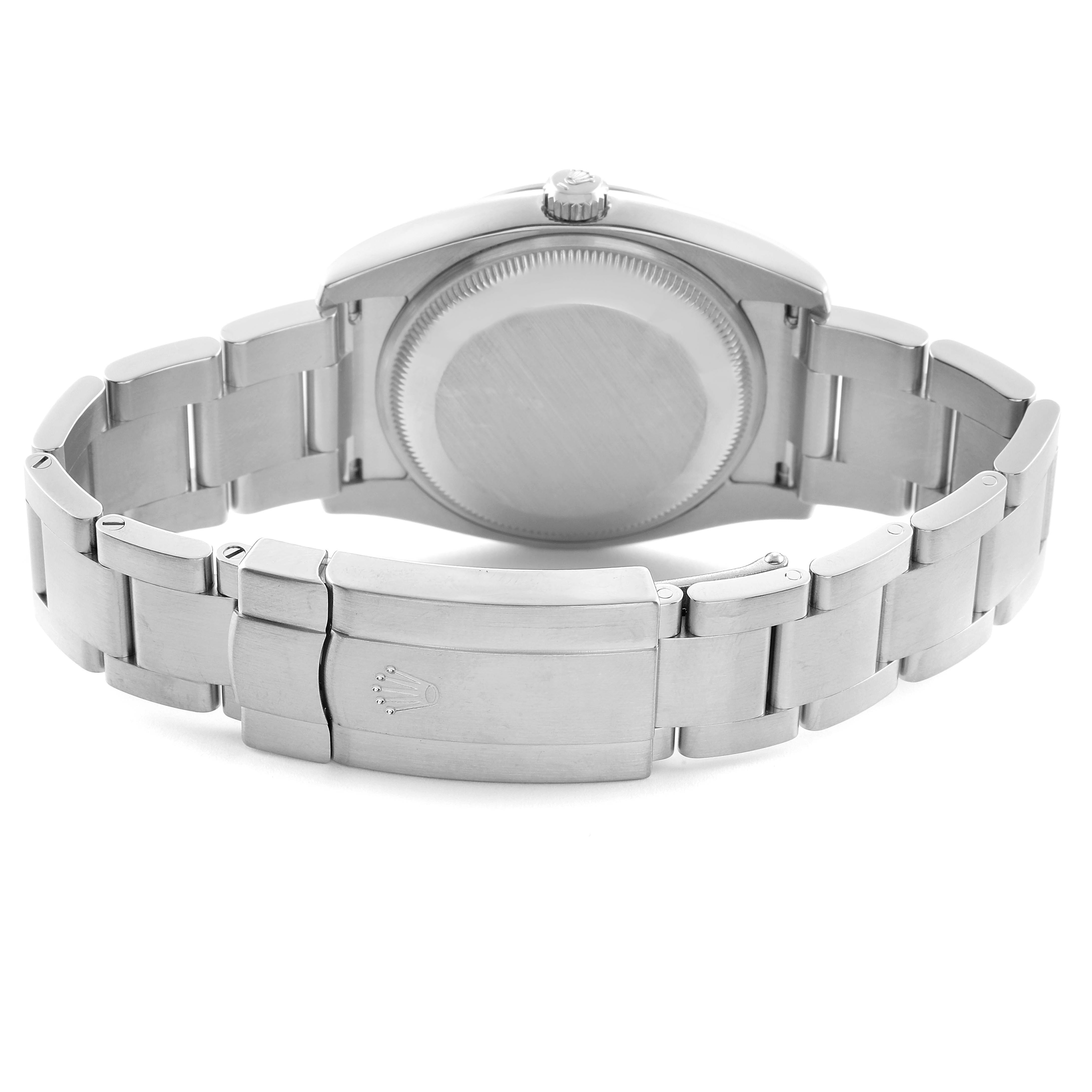 The image shows the back and bracelet of the Rolex Air-King 114200 Men's Stainless Steel Blue Dial 114200 Men's Stainless Steel Blue Dial watch, including the clasp and the case back.