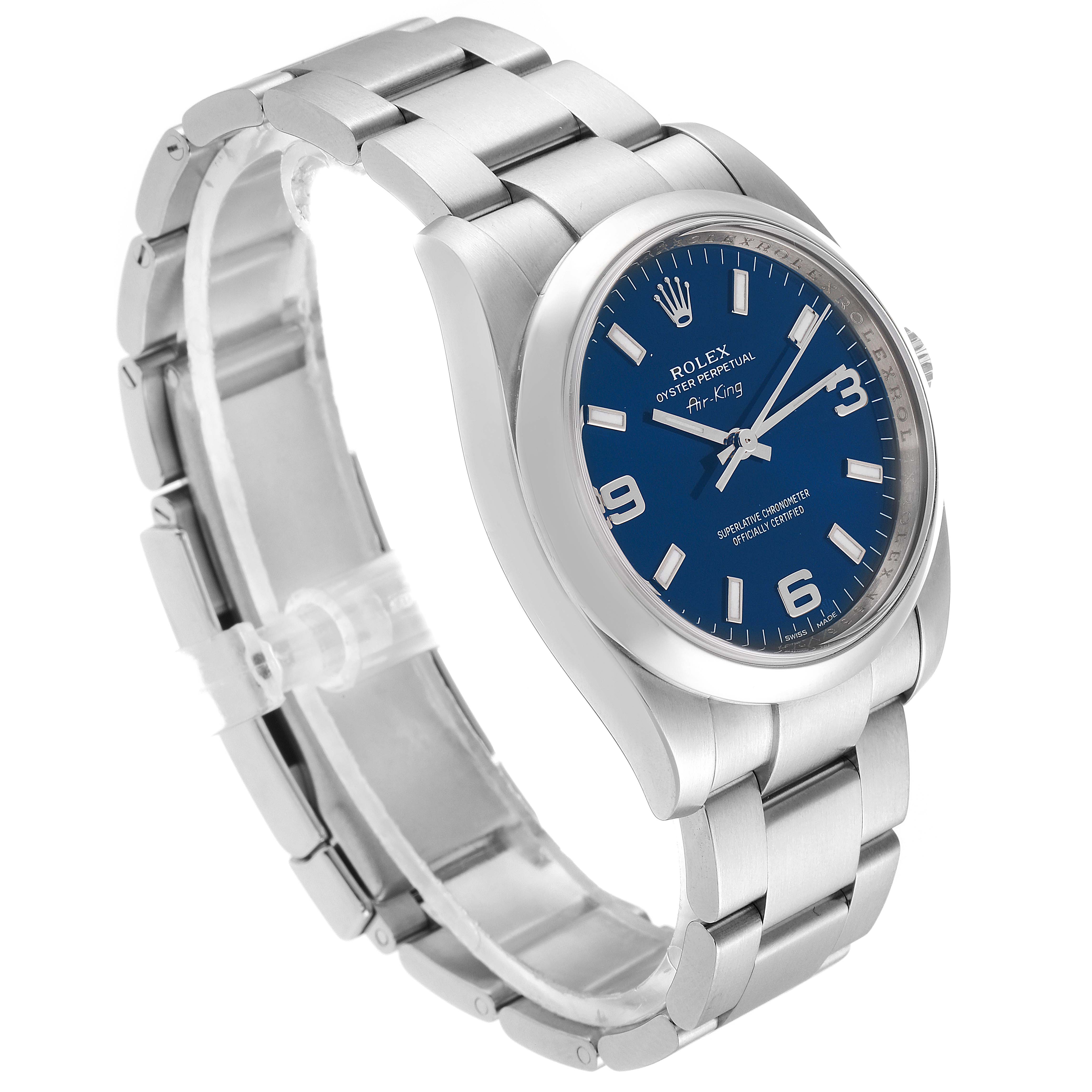The Rolex Air-King 114200 Men's Stainless Steel Blue Dial 114200 Men's Stainless Steel Blue Dial watch is shown at an angle highlighting the face, bracelet, and bezel.
