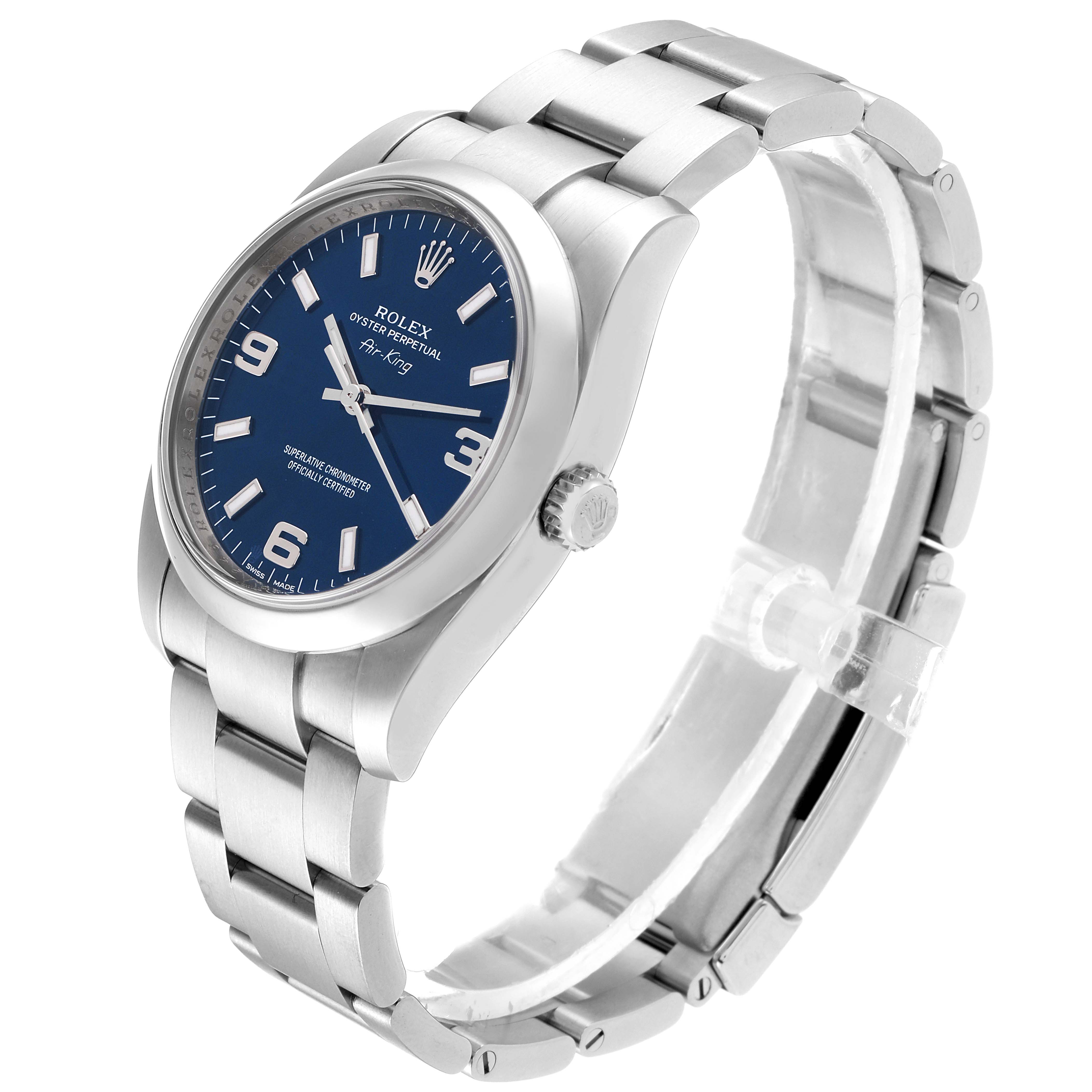 The Rolex Air-King 114200 Men's Stainless Steel Blue Dial 114200 Men's Stainless Steel Blue Dial watch is shown at a three-quarter angle, displaying the face, crown, and band.
